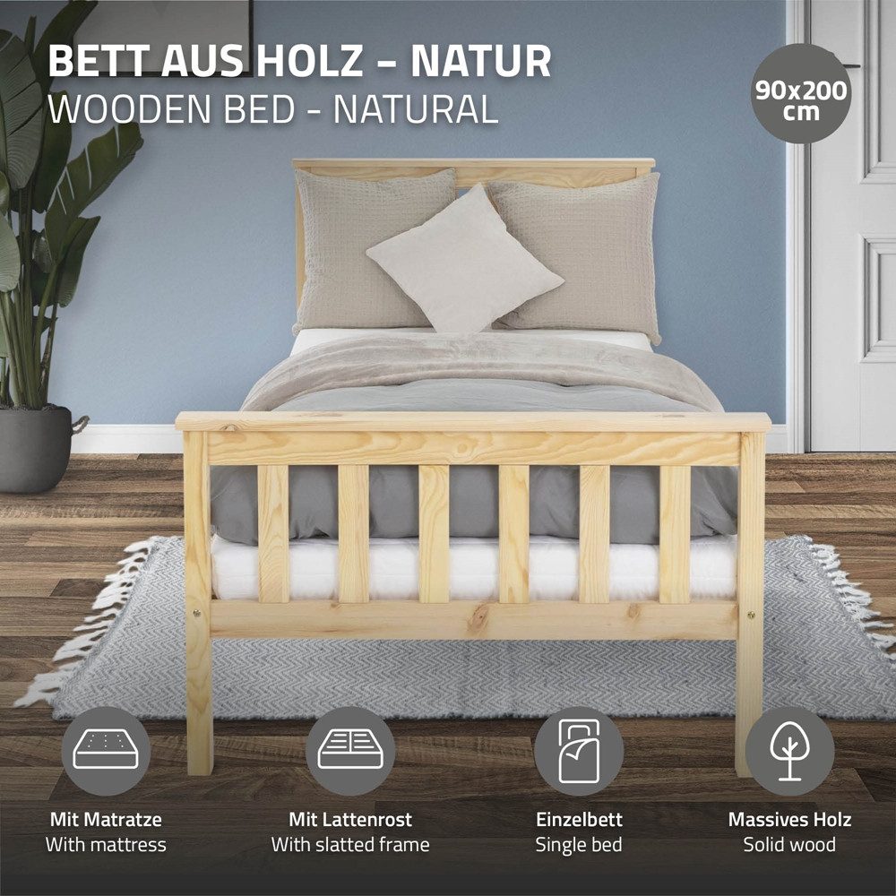 ML-DESIGN Bettgestell Holz Tagesbett, Jugend Einzelbett mit Kopf- & Fußteil, Holzbettgestell, Kinderbett, Bettrahmen Massivholz Bett Jugendbett Kiefer Natur