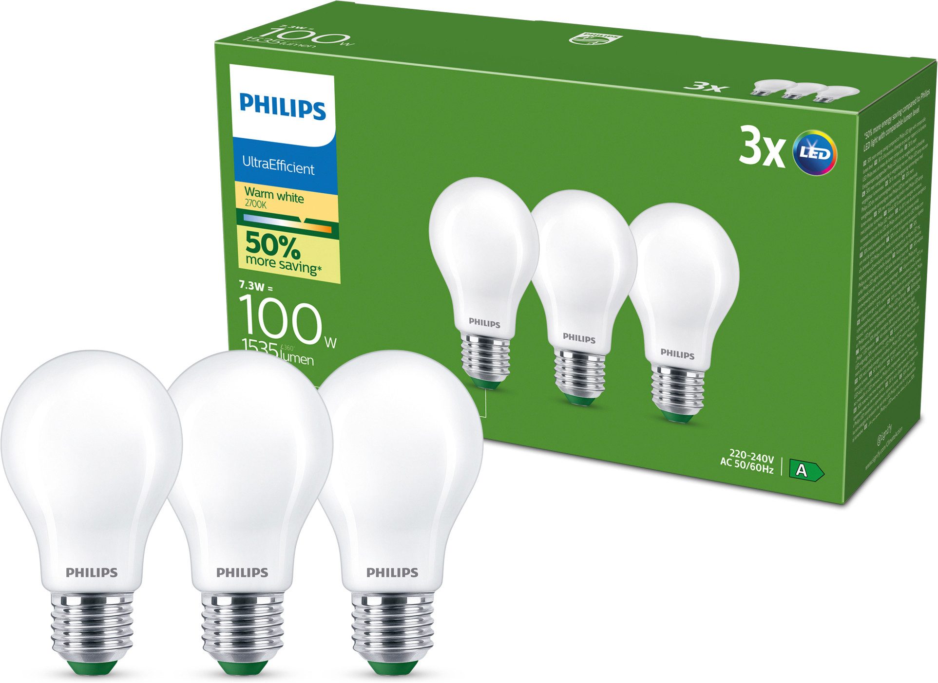 Philips LED-Leuchtmittel Ultraeffiziente E27, 3er-Pack, 100W, Warmweiß, E27, 3 St., Warmweiß, EyeComfort, Lange Lebensdauer, Klassisches Design, Matt