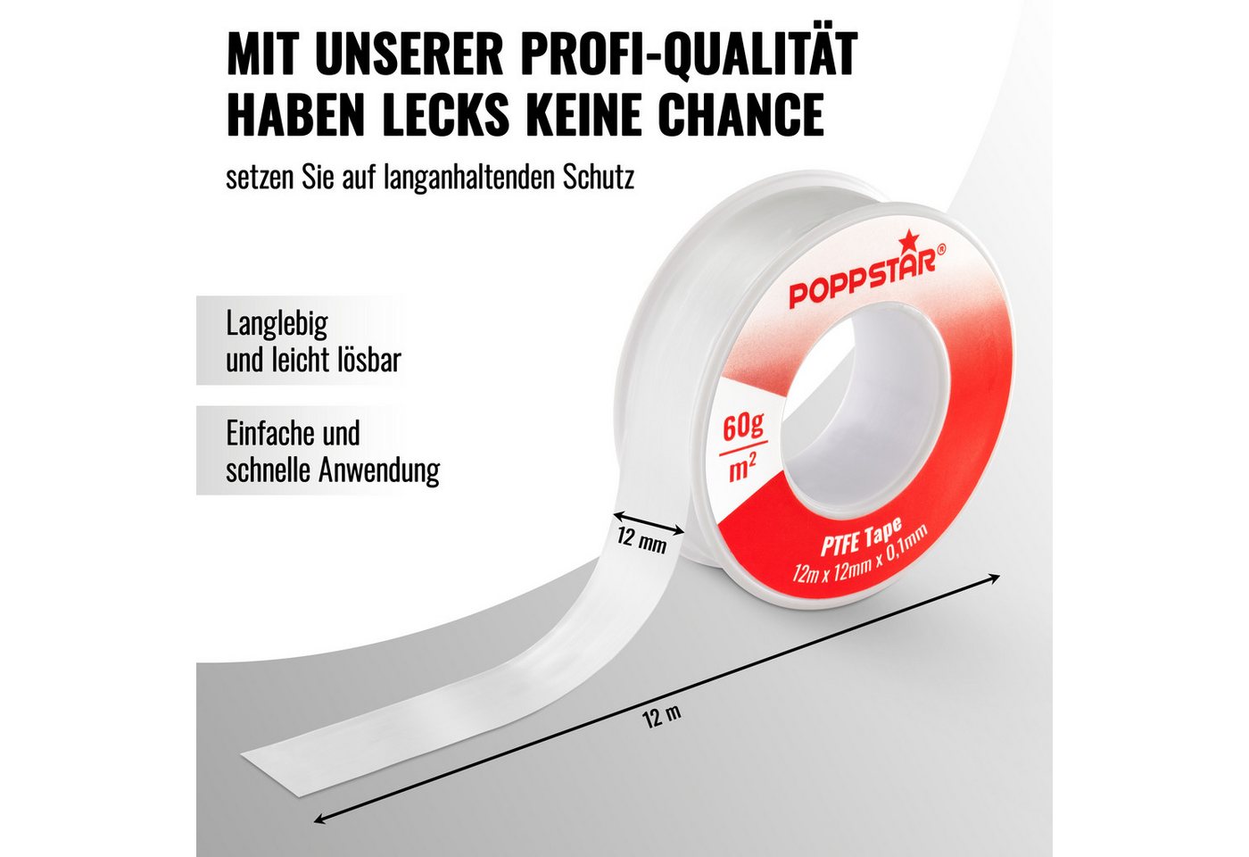 Thumbnail - Poppstar Gewindedichtband PTFE 60g/m² FRp für Feingewinde, (5-St), Teflon-Dichtband für Gas & Wasser-Abdichtung 12m x 12...