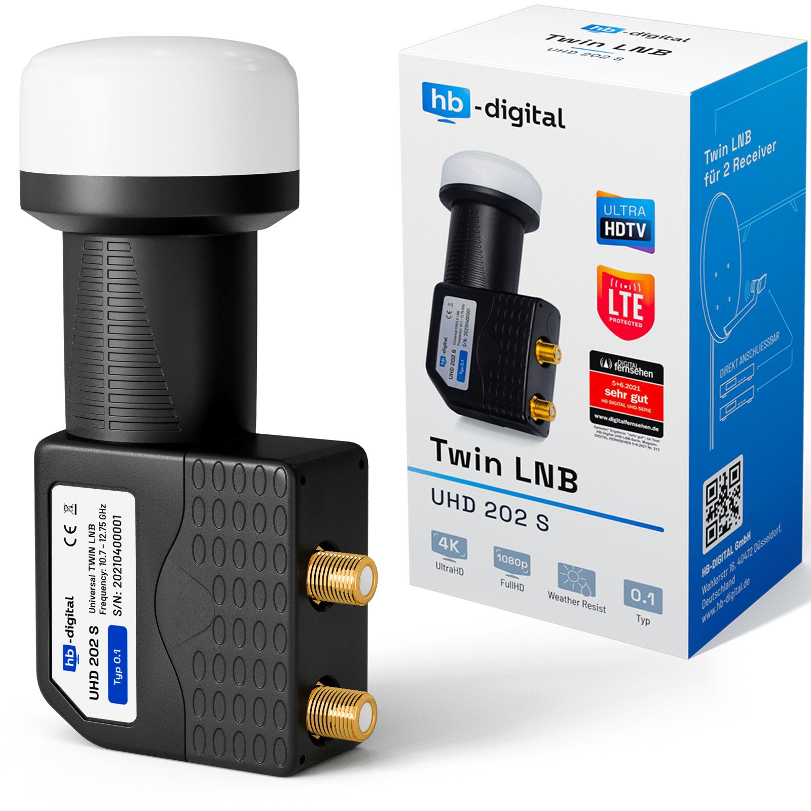 HB-DIGITAL Lnb Twin für 2 Teilnehmer UHD 202 S LTE Filter wetterfest schwarz Universal-Single-LNB (für 2 Teilnehmer, Die vergoldeten F-Anschlüsse für noch bessere Signalübertragung)