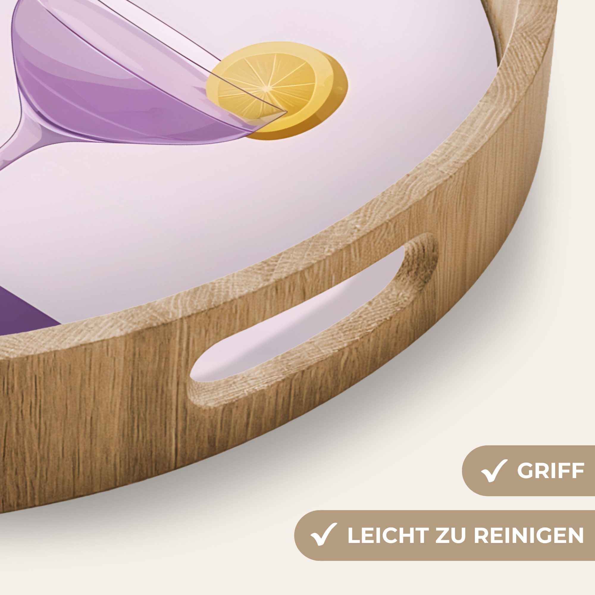 OnlyWow Tablett Rund mit Henkel Cocktail - Lila - Minimalistisch - Zitrone, Eichenholz, (1-tlg), Siervierplatte, Tray, Frühstücksbrett