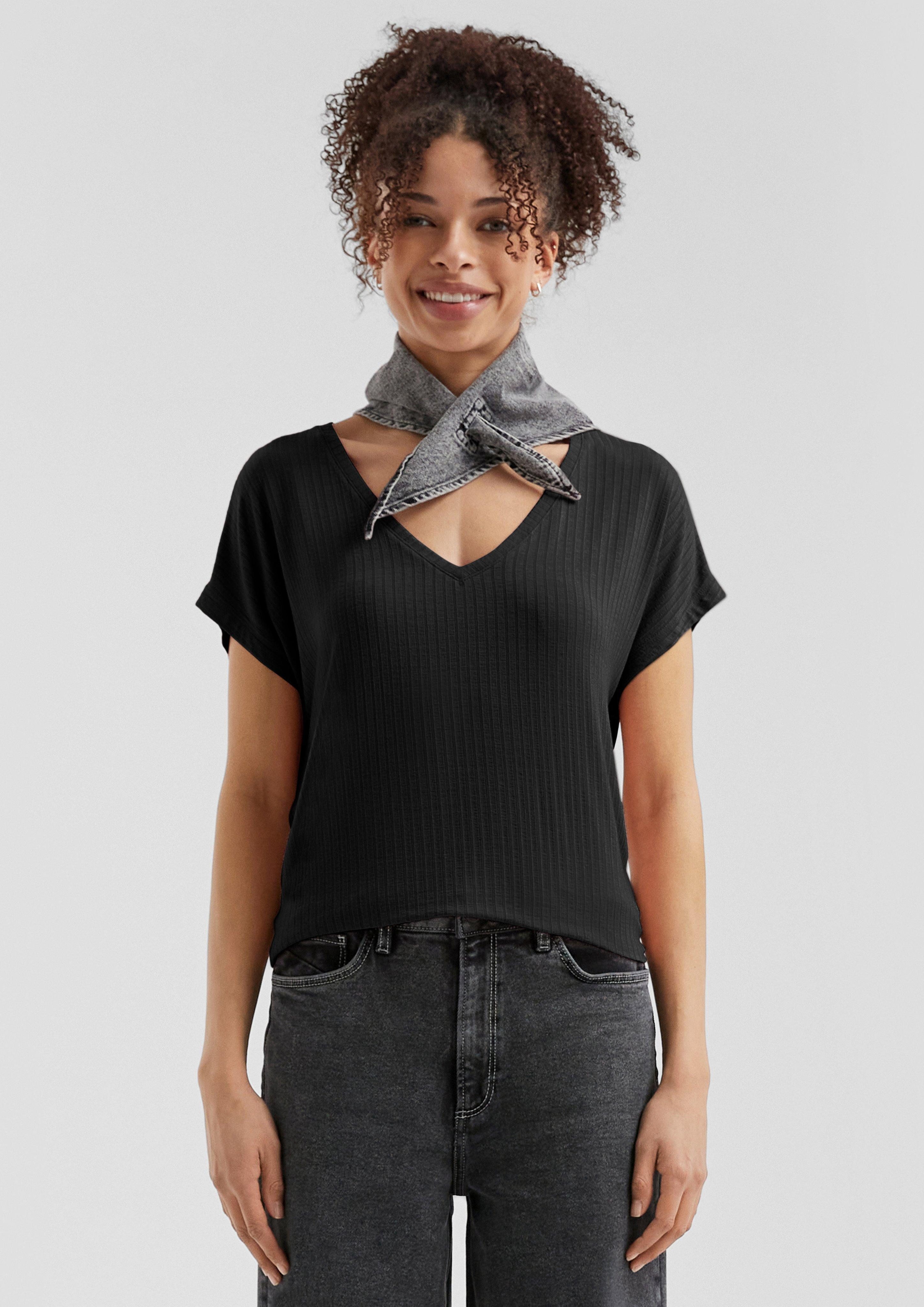 QS Kurzarmshirt Fließendes Oversize-Shirt mit Rippstruktur günstig online kaufen