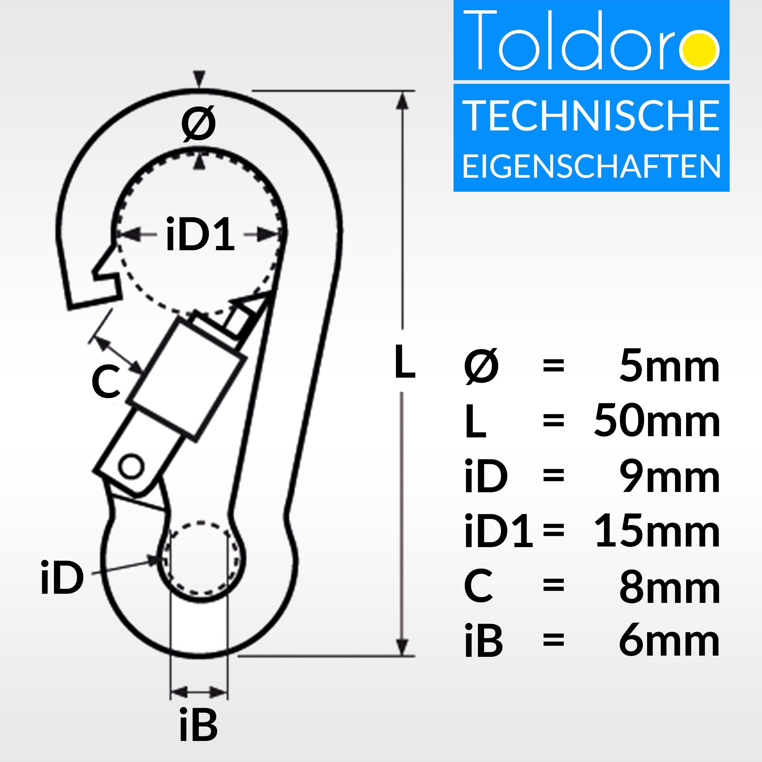 rostfrei Karabinerhaken Karabiner 2x 50mm Toldoro Karabiner Edelstahl rostfrei, 2x (2 Edelstahl Sicherheitsverschluss, mit St), Karabiner 50mm Sicherheitsverschluss, Karabinerhaken mit