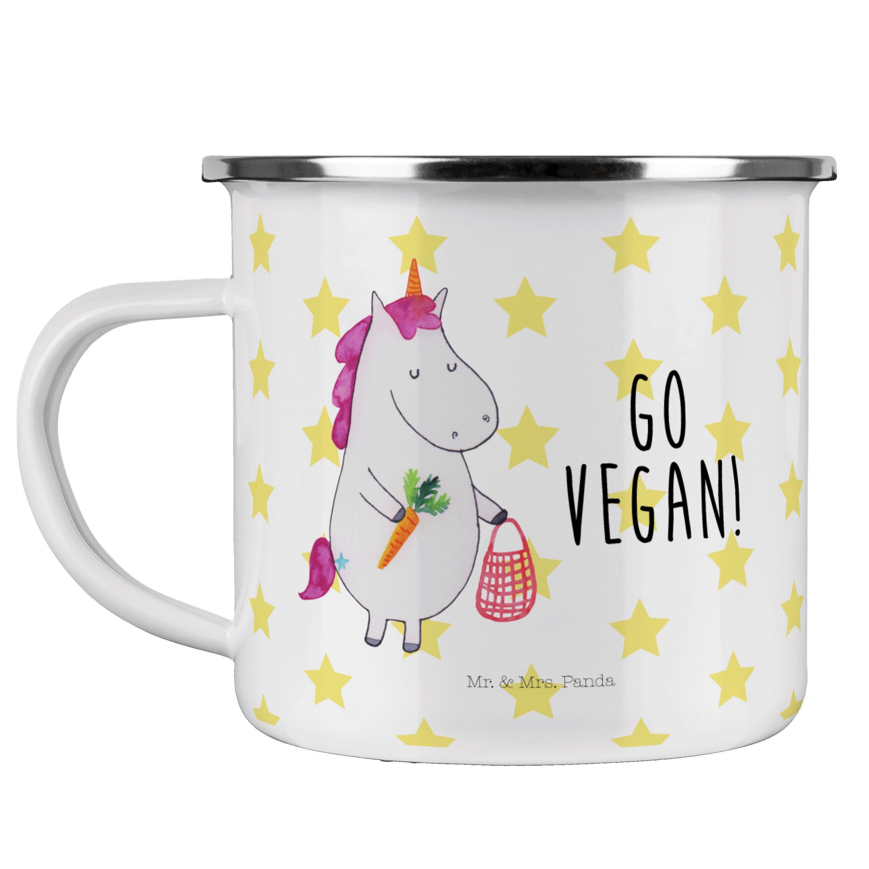 Mr. & Mrs. Panda Becher Einhorn Vegan - Weiß - Geschenk, Metalltasse, Einhorn Deko, Blechtass, Emaille