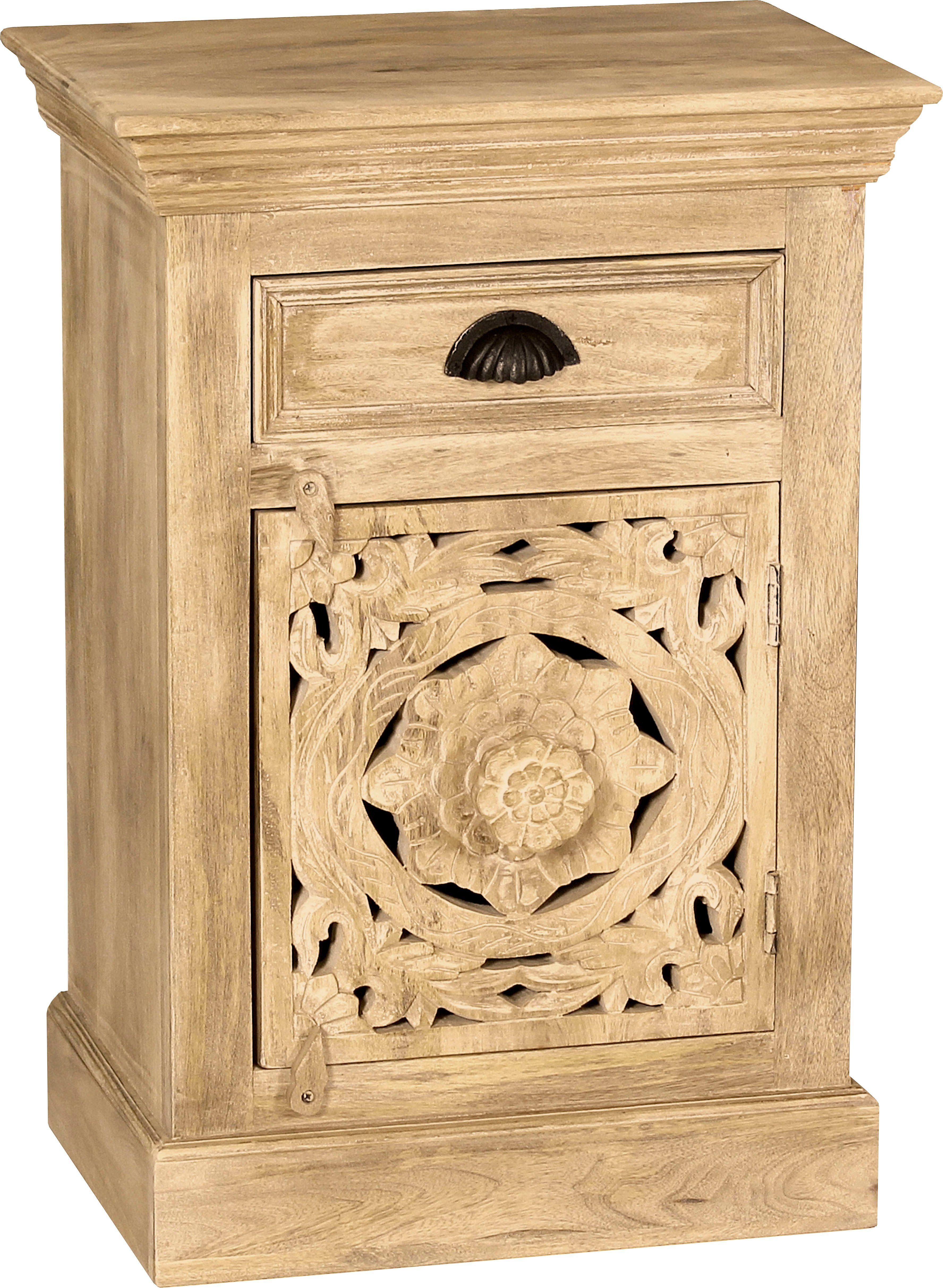 SIT Kommode LAKADEE Mangoholz mit Tür, Schublade & Holzschnitzereien, Aufwändige Holzschnitzereien als kunstvolles Design-Highlight