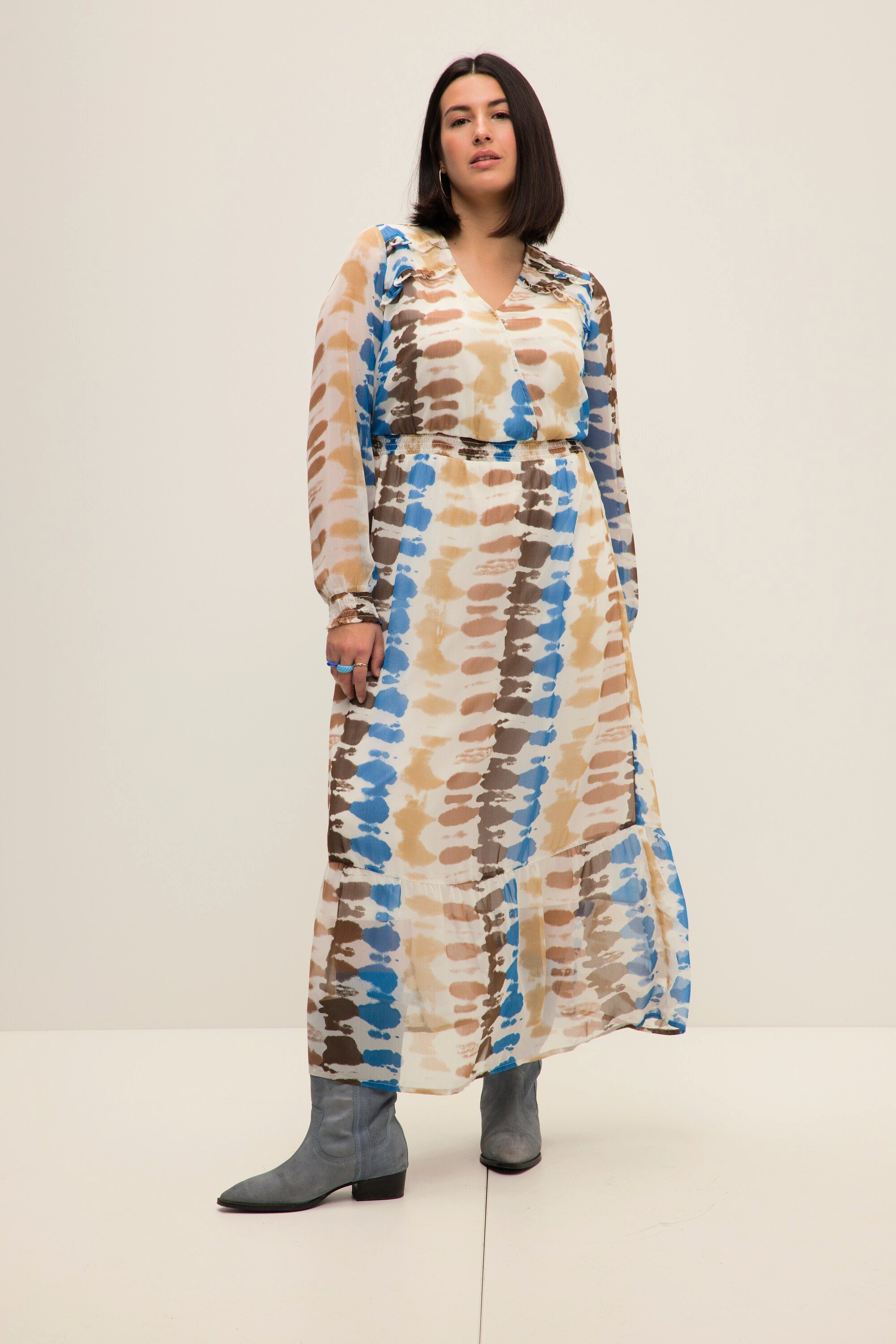Maxikleid Maxikleid A-Line Batik Print V-Ausschnitt Langarm