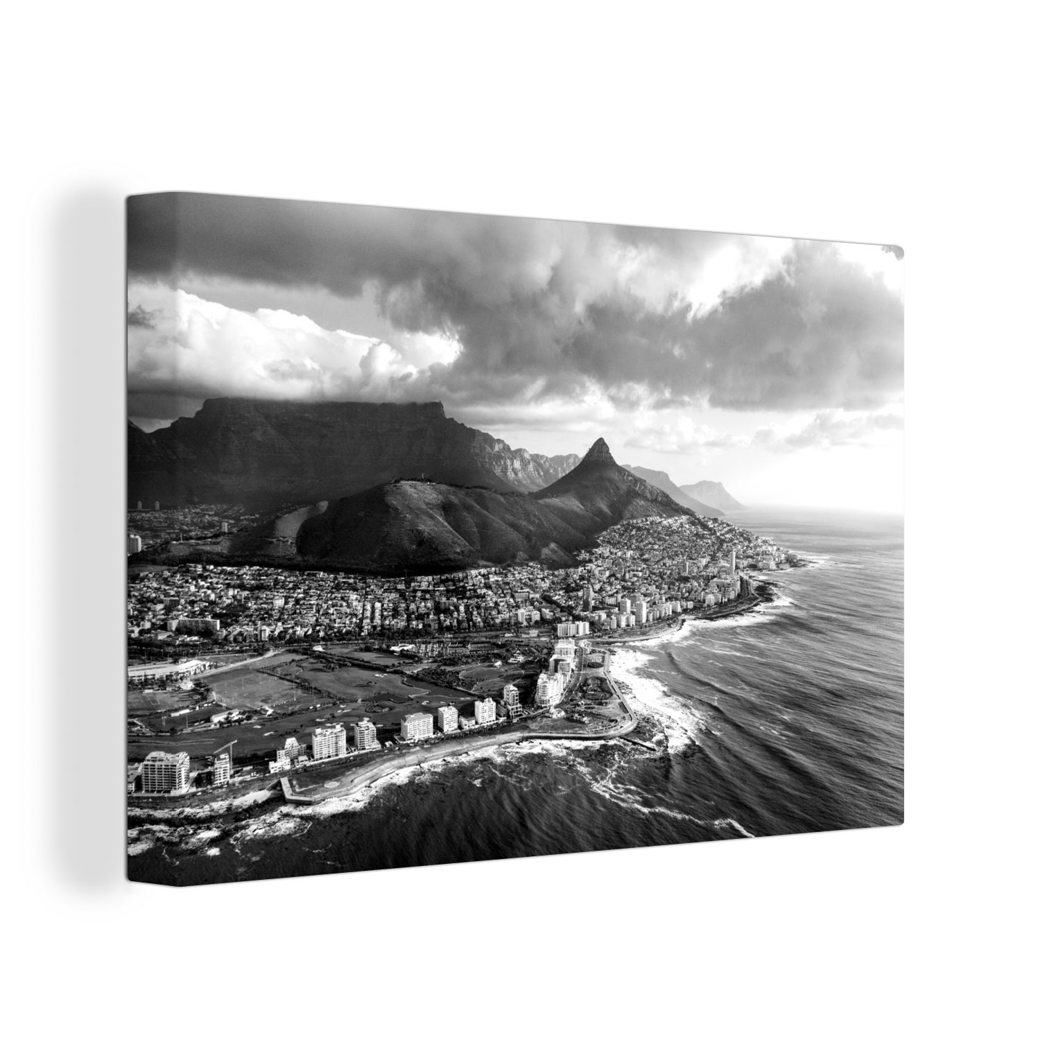 OneMillionCanvasses® Leinwandbild Atemberaubende Aussicht auf Kapstadt und den Tafelberg - schwarz und, (1 St), Wandbild Leinwandbilder, Aufhängefertig, Wanddeko, 30x20 cm