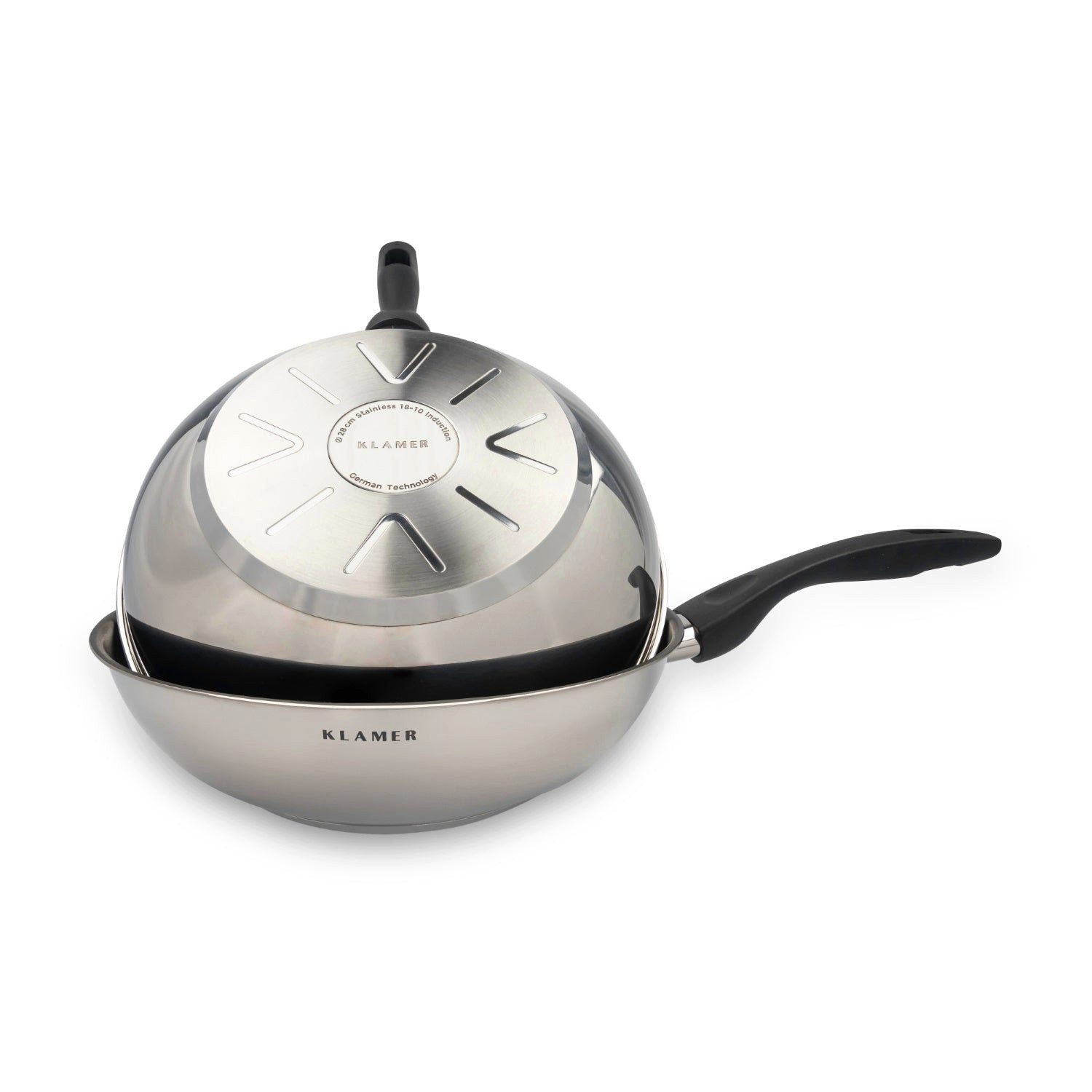 KLAMER Wok Edelstahl 28cm, antihaftbeschichtete Induktions-Pfanne, mit hohem Ran…, Energiesparend, Güteglasdeckel, tropffrei abgießen