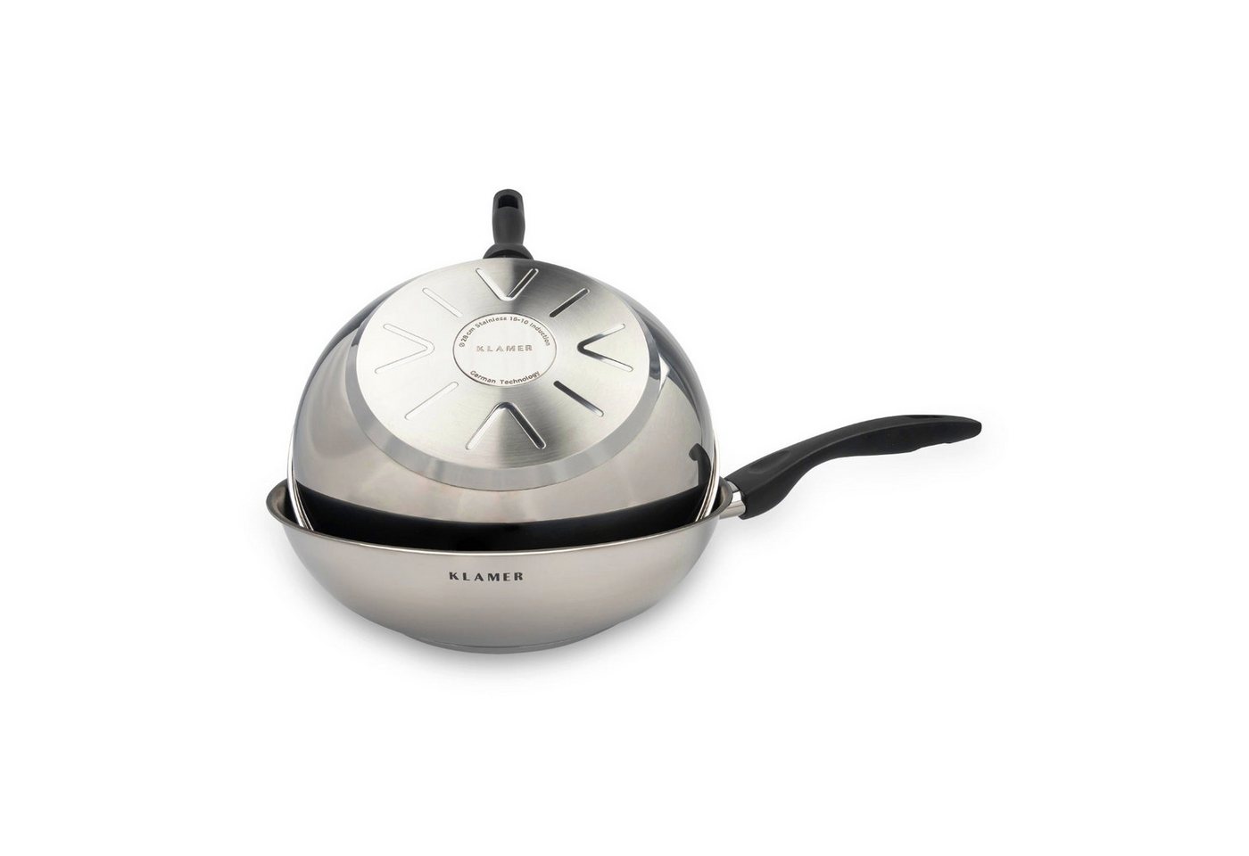 KLAMER Wok Edelstahl 28cm, antihaftbeschichtete Induktions-Pfanne, mit hohem Ran…, Edelstahl, Energiesparend, Güteglasdeckel, tropffrei abgießen
