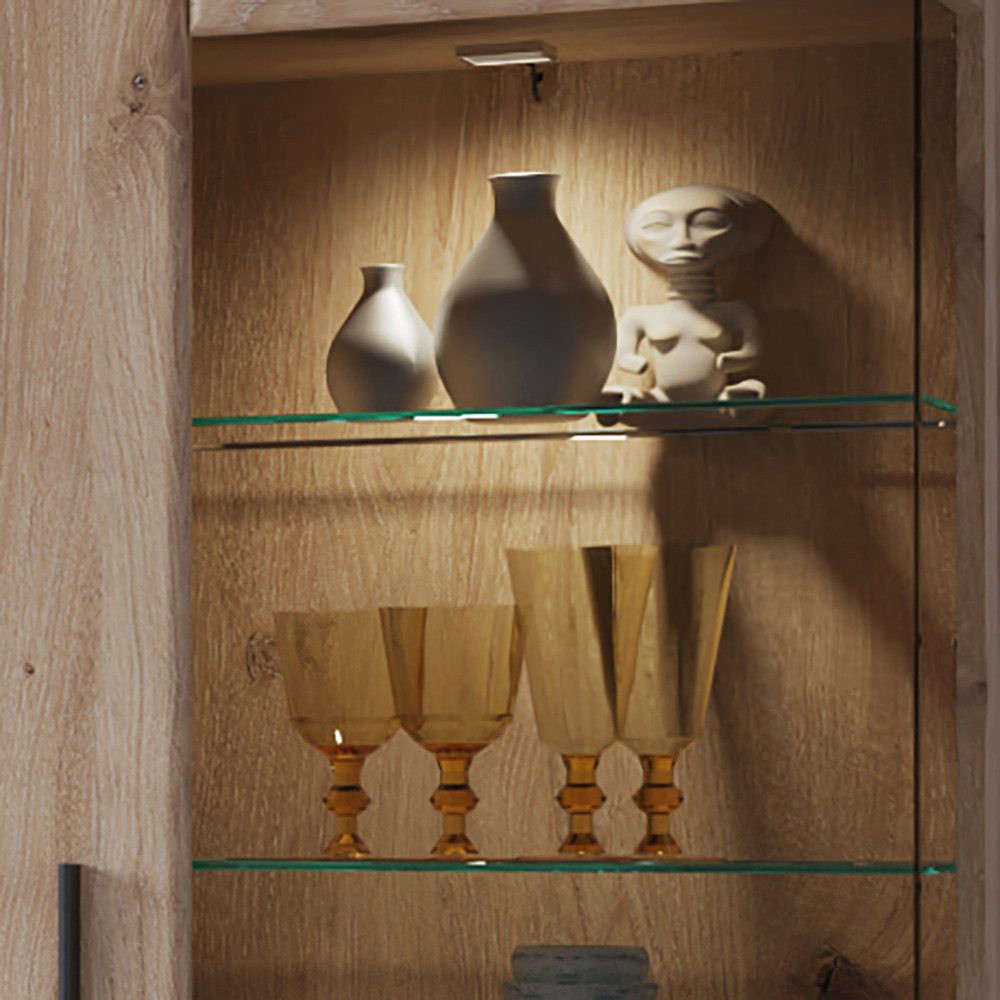 Lomadox Wohnzimmer-Set GRAHAM-129, (Mega-Spar-Set, 6-St., Vitrine Lowboard Wandboard Highboard Sideboard Couchtisch), Eiche Dekor mit Grau Türen mit Softclose inkl. Beleuchtung