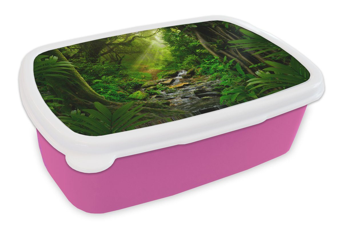 MuchoWow Lunchbox Dschungel - Wasser - Laub - Sonne - Natur, Kunststoff, (2-tlg), Brotbox für Erwachsene, Brotdose Kinder, Snackbox, Mädchen, Kunststoff rosa