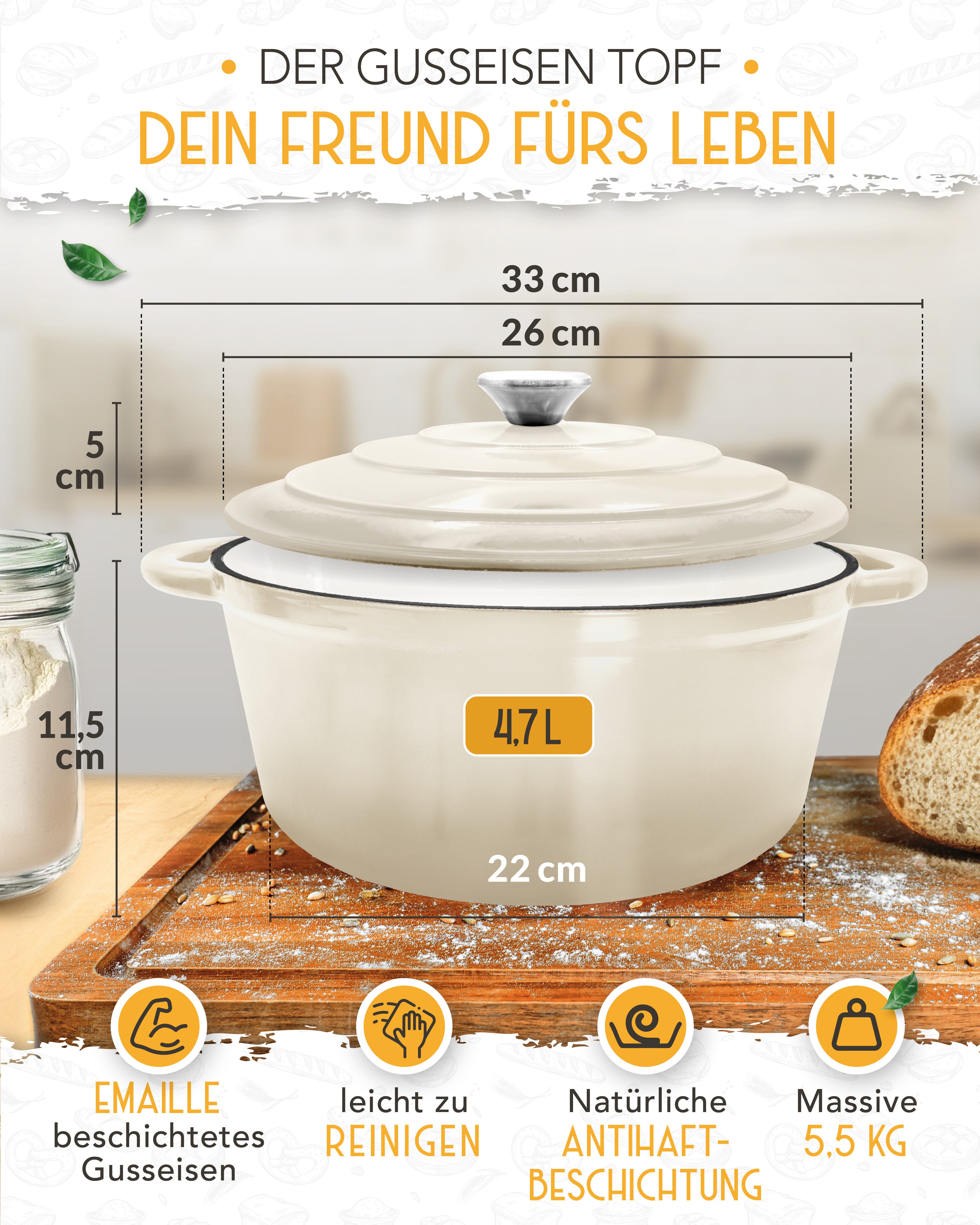 Krustenzauber Kasserolle Gusseisen Topf als Kochtopf, Schmortopf oder Brotbackform – Bild 4 von 5