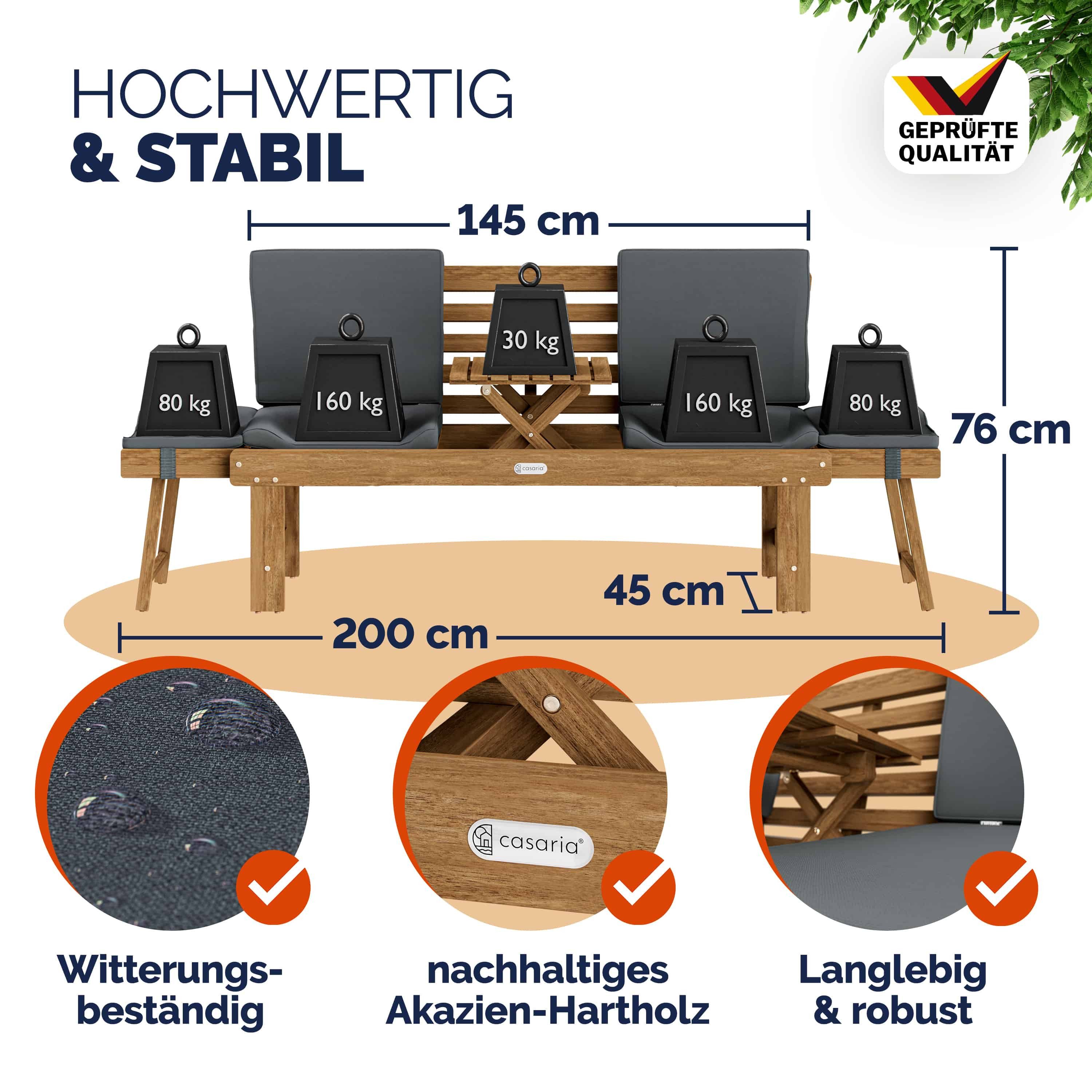 Casaria Gartenbank, Wetterfest Holz mit Tisch 200x50cm Klappbar 320kg Belastbar FSC®