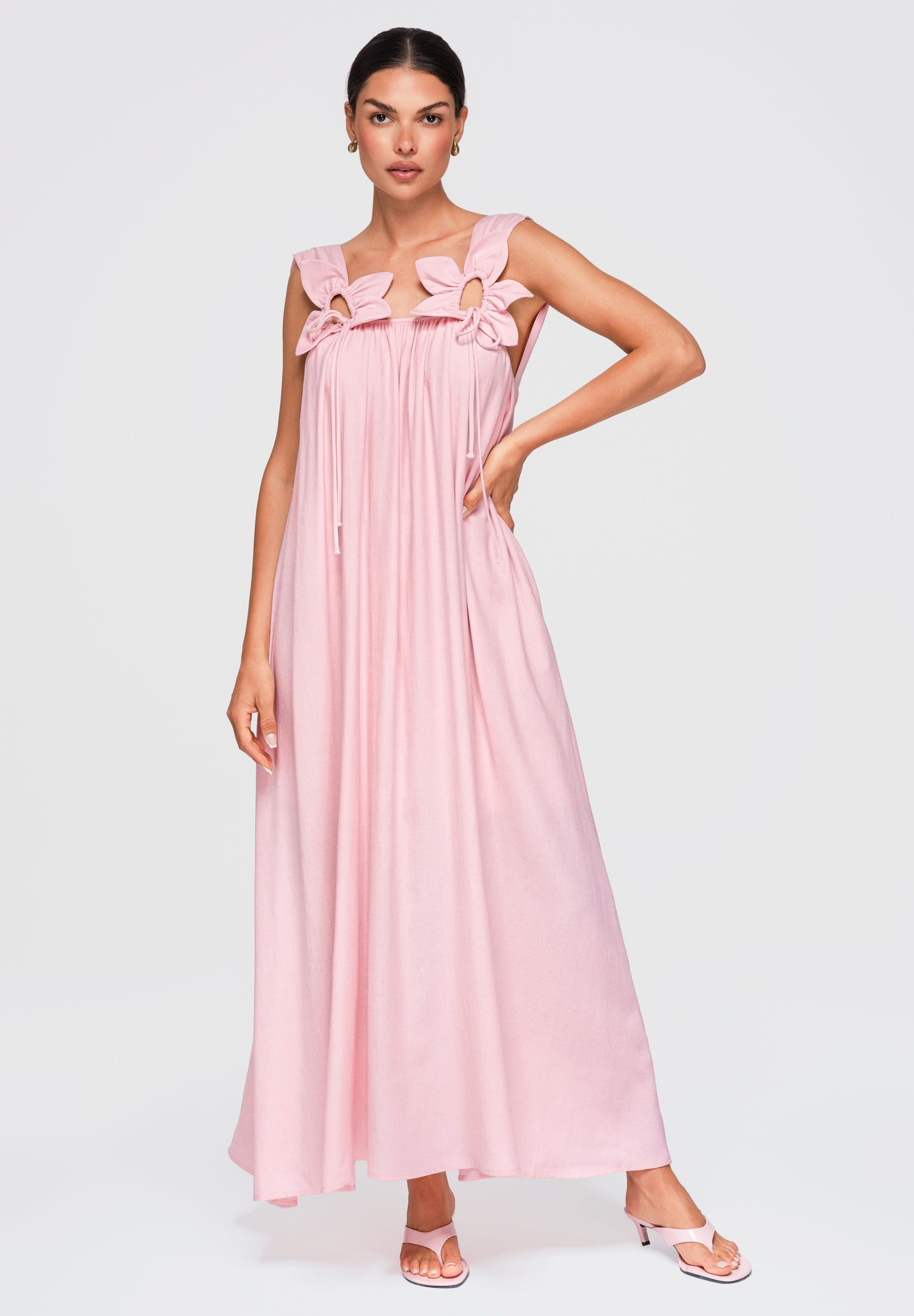 OMBRE Maxikleid Damen Maxikleid mit weitem Schnitt und V-Ausschnitt Rose M (kein Set, 1-tlg) Taschen in den Seitennähten
