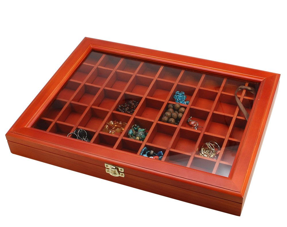 Safe-Album Vitrine Sammel-Vitrine 45 Fächer à 35 x 50 mm Echtholz, Glasabdeckung I SAFE