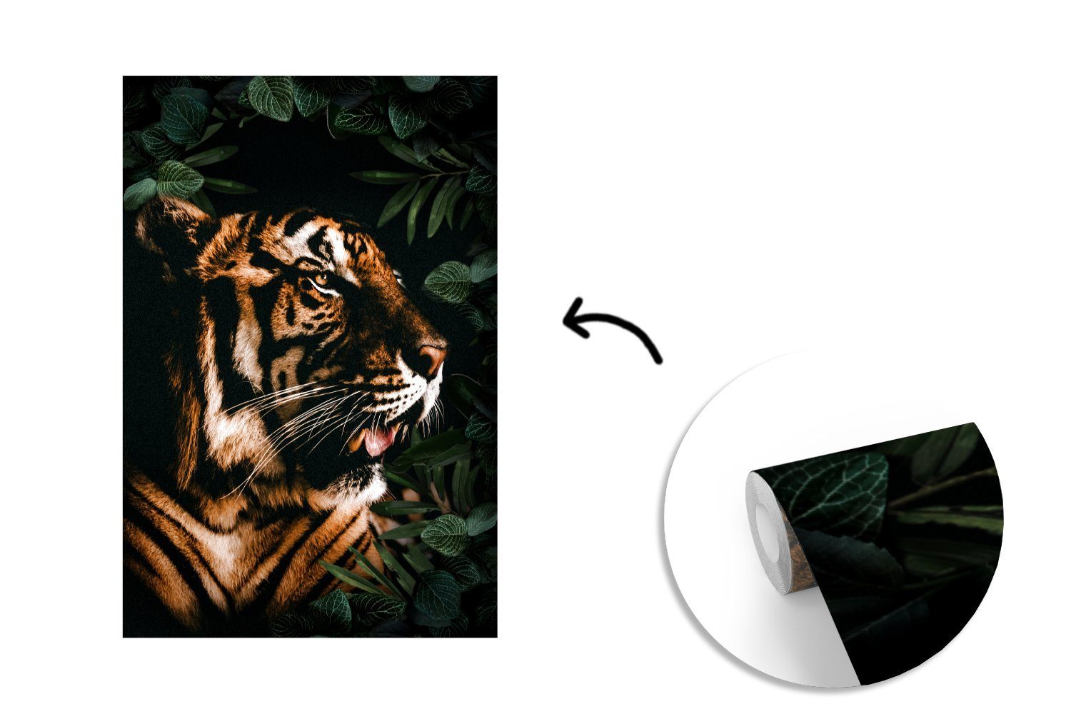 Tiger Fototapete Pflanzen, Vinyl Wandtapete Tapete bedruckt, Brüllen für - Montagefertig MuchoWow Matt, (3 St), - Wohnzimmer,