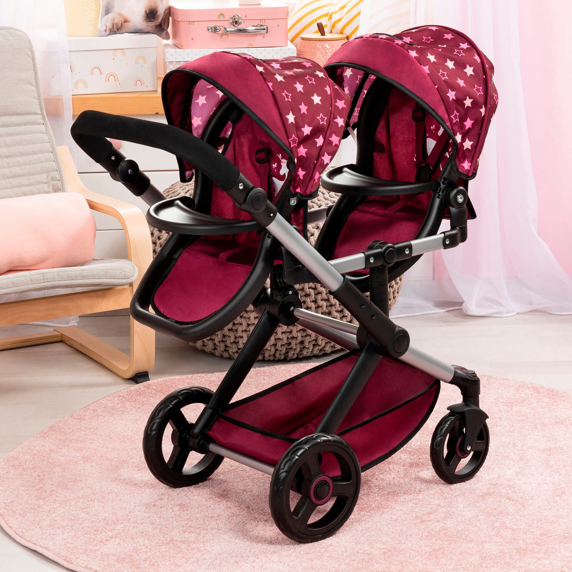 Bayer Puppen-Zwillingsbuggy Xeo Twin bordeaux, mit Wickeltasche günstig online kaufen
