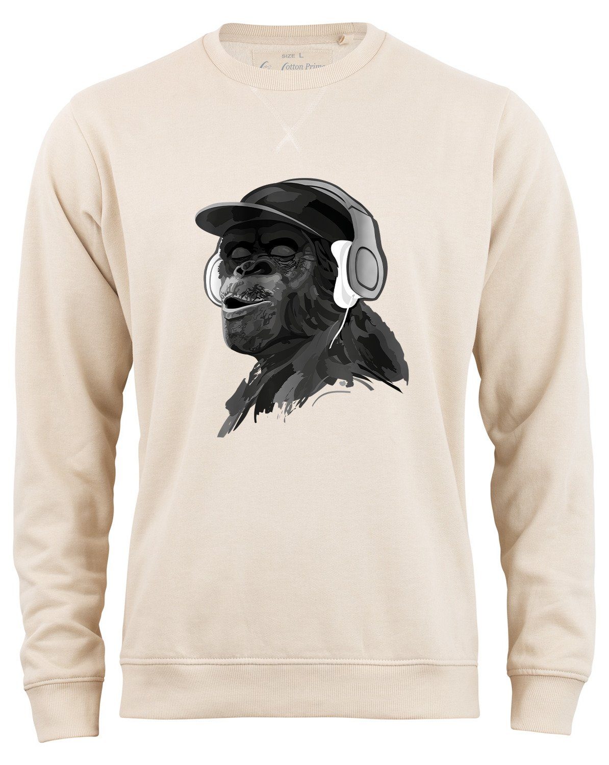 Cotton Sweatshirt Innenfleece Prime® mit DJ-Kopfhörer Beige mit Monkey weichem