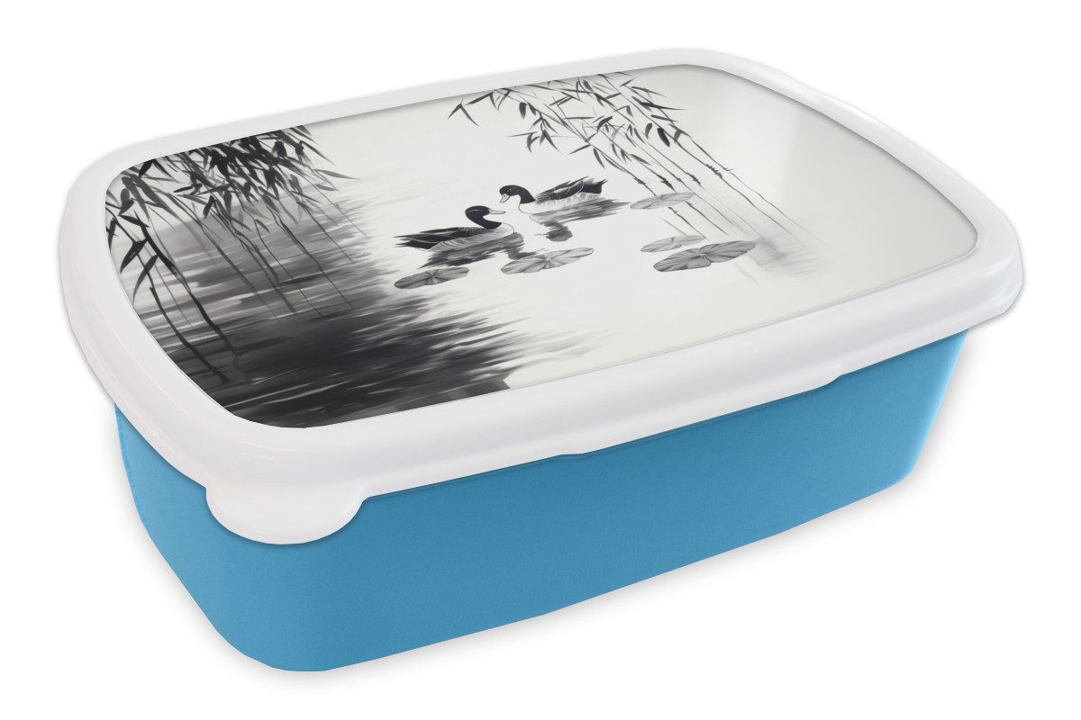 MuchoWow Lunchbox Enten - Seerosen - Rohrstock - Schwarz, Kunststoff, (2-tlg), Brotdose, Lunchbox, Brotbox für Kinder und Erwachsene