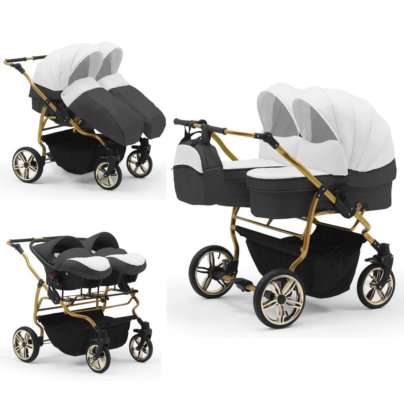 babies-on-wheels Zwillingswagen Duet Lux Gold 3 in 1 inkl. Autositze - 13 Teile - in 33 Farben Weiß-Dunkelgrau