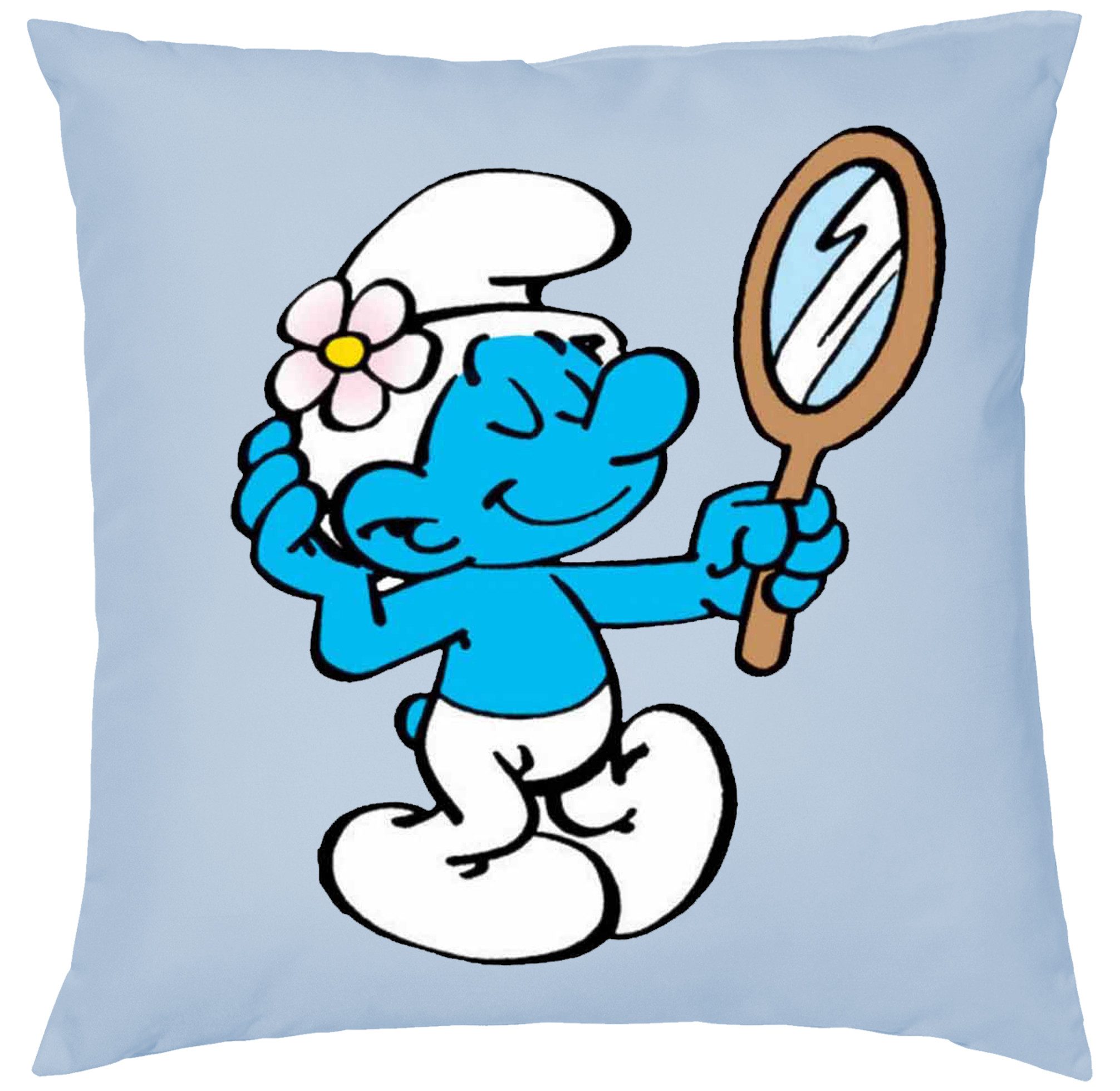 Blondie & Brownie Dekokissen Beauty Schlumpf Spiegelmotiv Dekokissen 40x40 Sofa Wohnstil, Beauty Schlumpf Dekokissen 40x40 Cartoon Motiv mit Füllung Sofa Kissen