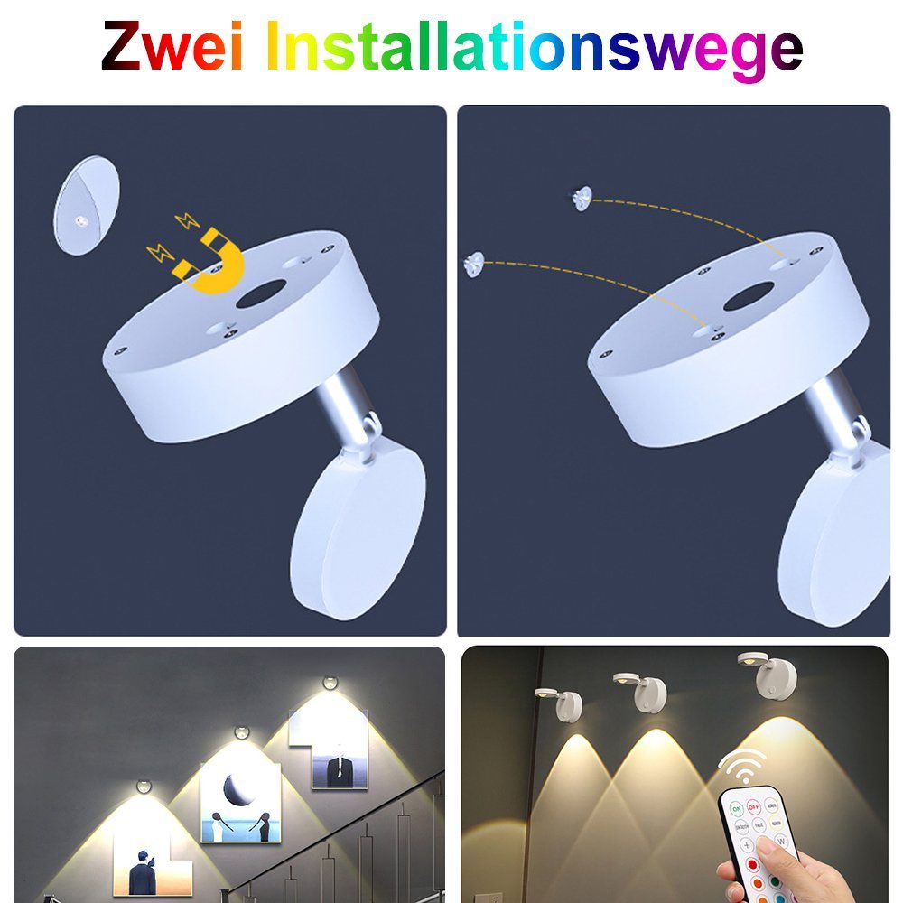 Rosnek LED Schränken Wandstrahler für Gemälden, dimmbar, Beleuchtung wiederaufladbar, Timer Deko, Drahtlos, von die Vitrinen Warmweiß(3000K), und RGB(12 RGB, Farben), Fernbedienung