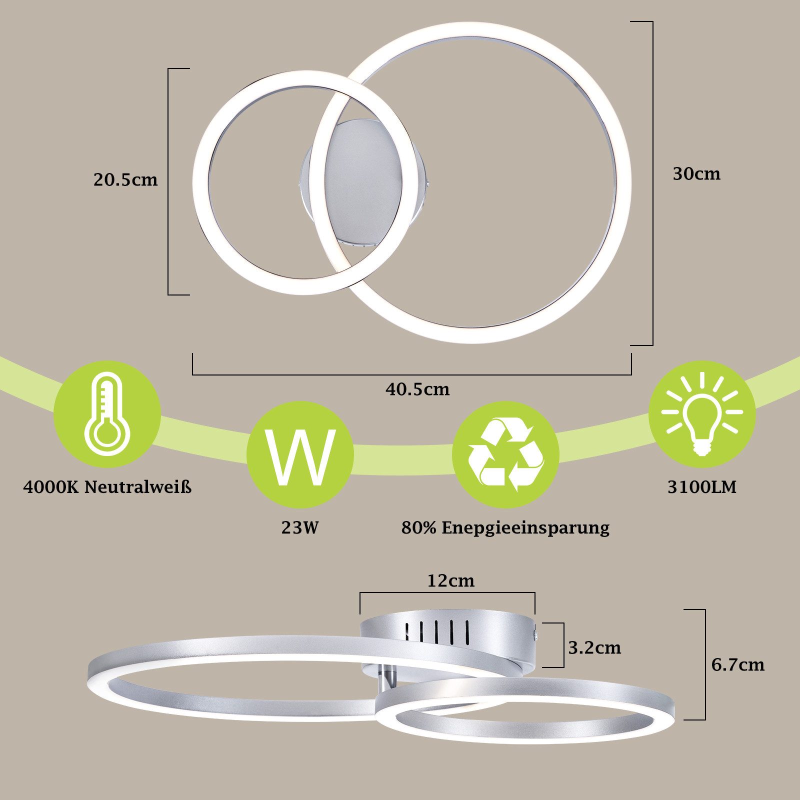 Nettlife LED Deckenleuchte Wohnzimmer 2 Ringe Schwarz/Weiß/Silber Modern 23W Deckenlampe 40.5CM, Nicht dimmbar, LED fest integriert, Warmweiß, für Wohnzimmer Sc – Bild 3 von 5