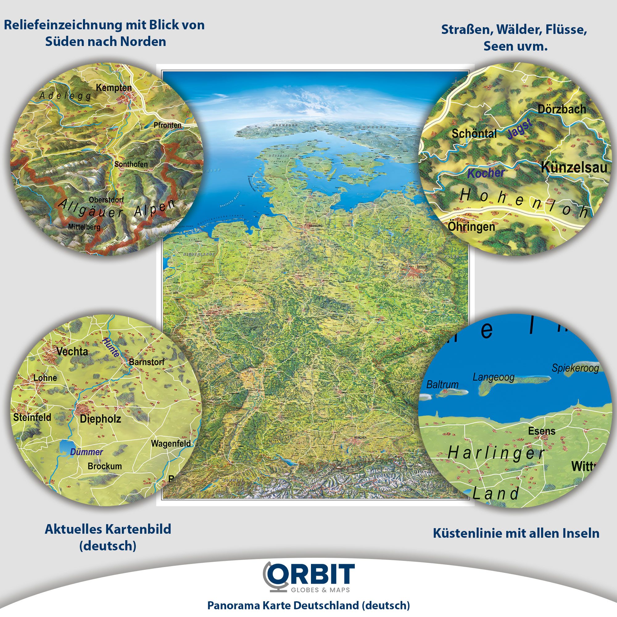 Interkart Landkarten & Globen GmbH Poster Panoramakarte Deutschland - 99 x 136 cm - Deutschland Karte, Oberflächen beschichtetes Poster