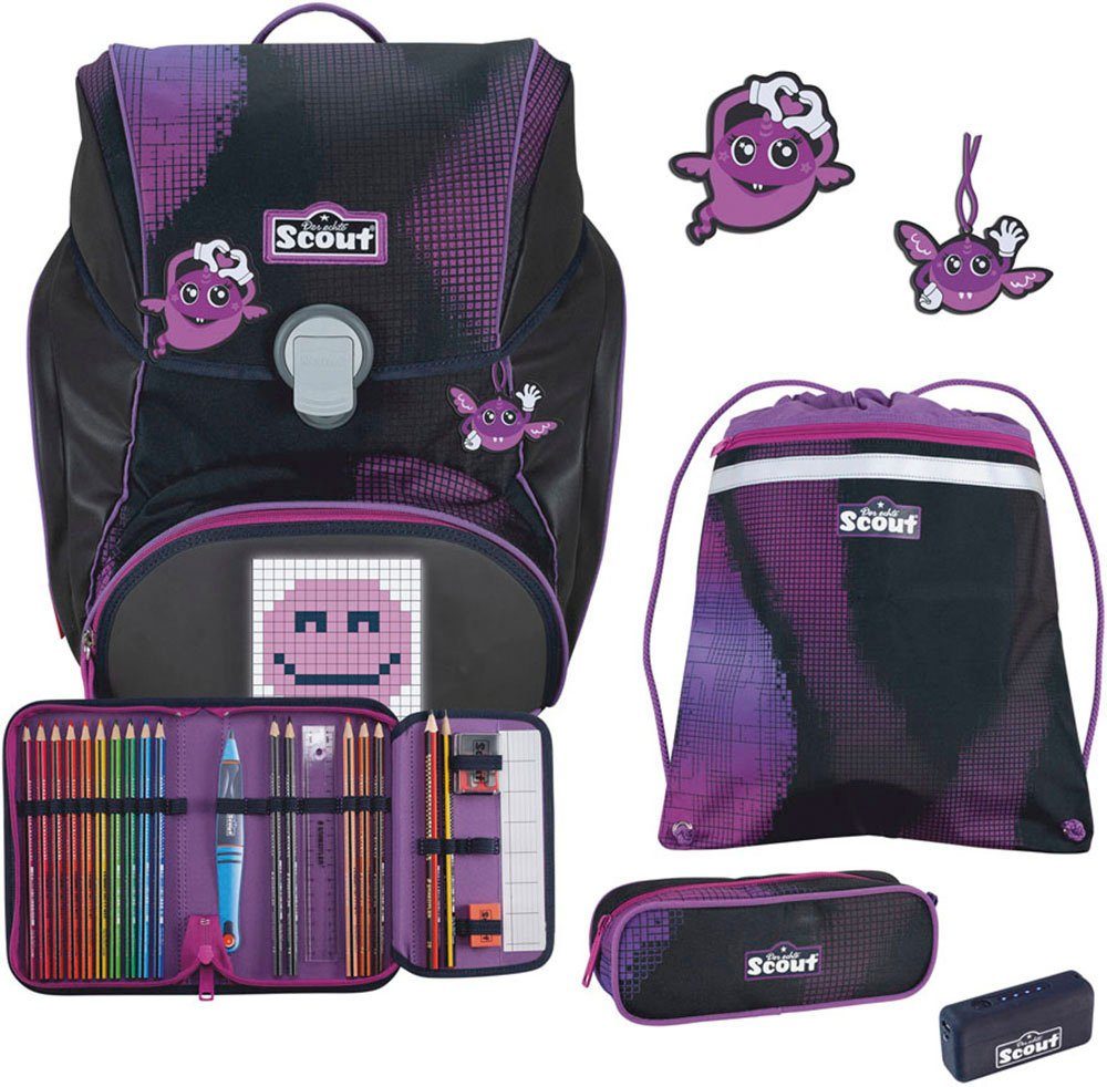 Scout Schulranzen Alpha Movie Star, mit LED-Display, Pink Pixel (Set, 4-tlg), mit Powerbank, enthält recyceltes Material
