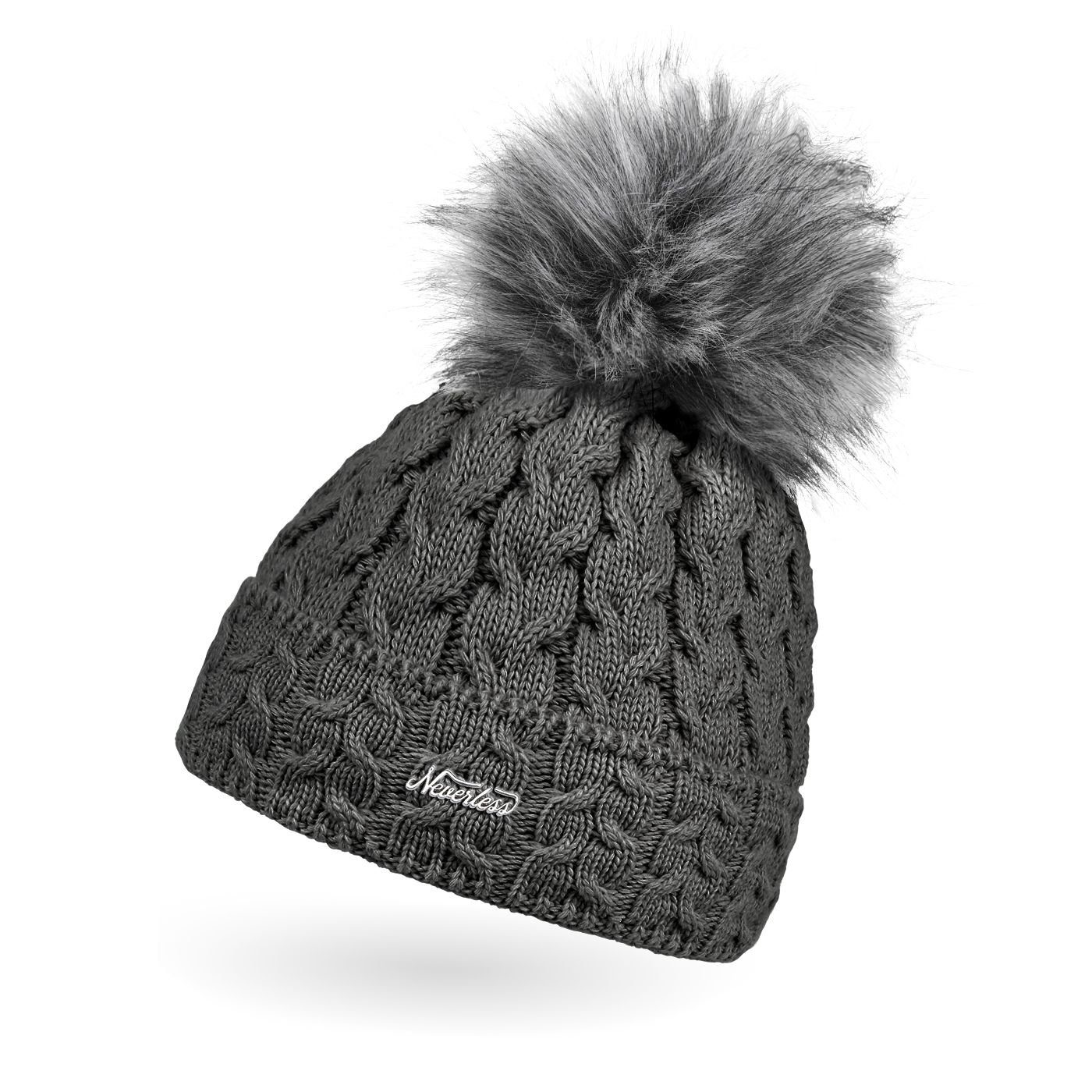 Bommelmütze Damen Strick-Mütze gefüttert Fell-Bommel Kunstfell Winter-Mütze
