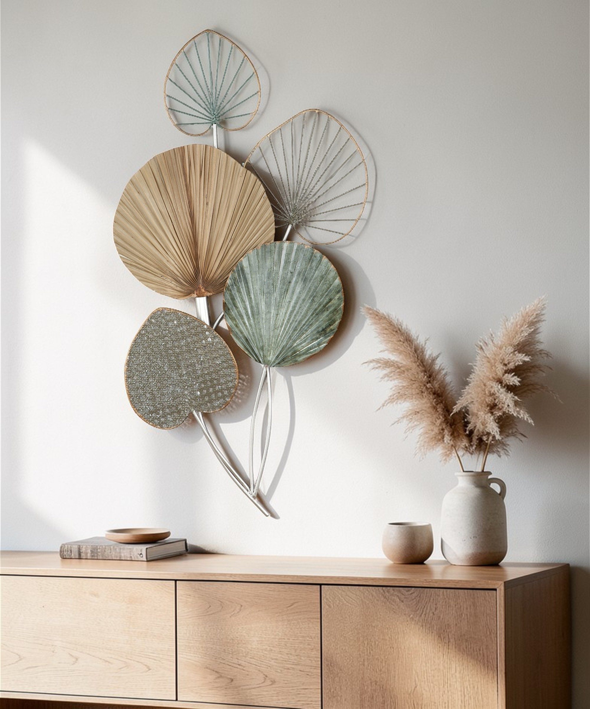 GILDE Wanddekoobjekt Wandrelief 5 Blätter (1 St., 48 x 90 cm Grün Naturtöne), Wanddeko Bilder Metall, 3D, Blumen Blätter