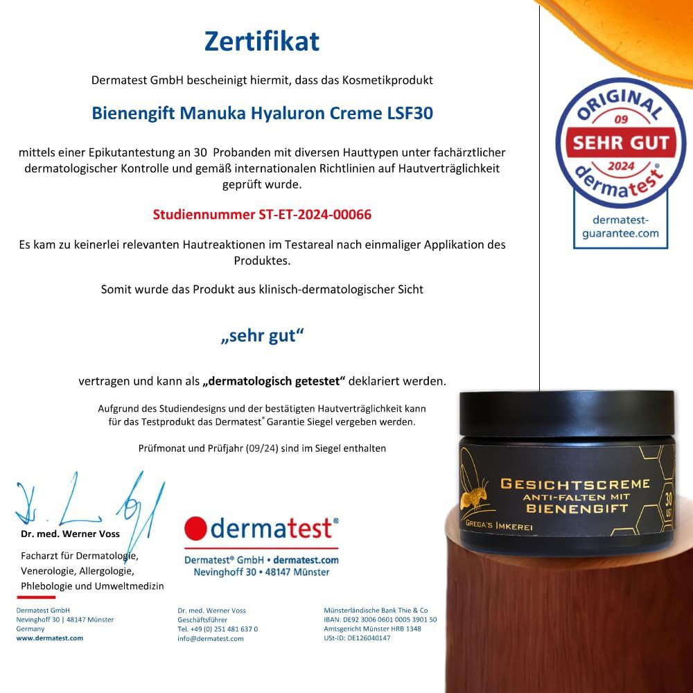 Grega´s Imkerei Anti-Aging-Creme Bienengift Manuka Hyaluron Creme 50 ml im Derma Test „Sehr gut“ Hochdosiert (entspricht ca. 200 Bienenstichen), 1-tlg., 50 ml Glastiegel inkl. Massivholz Cremspatel