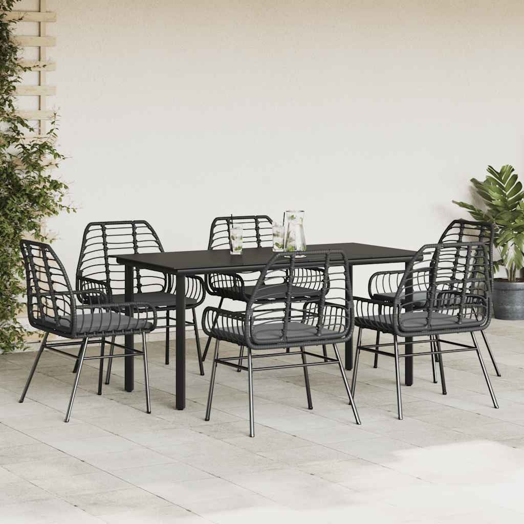 vidaXL Garten-Essgruppe 7-tlg. Garten-Essgruppe mit Kissen Schwarz Poly Rattan Glas, (6-tlg)