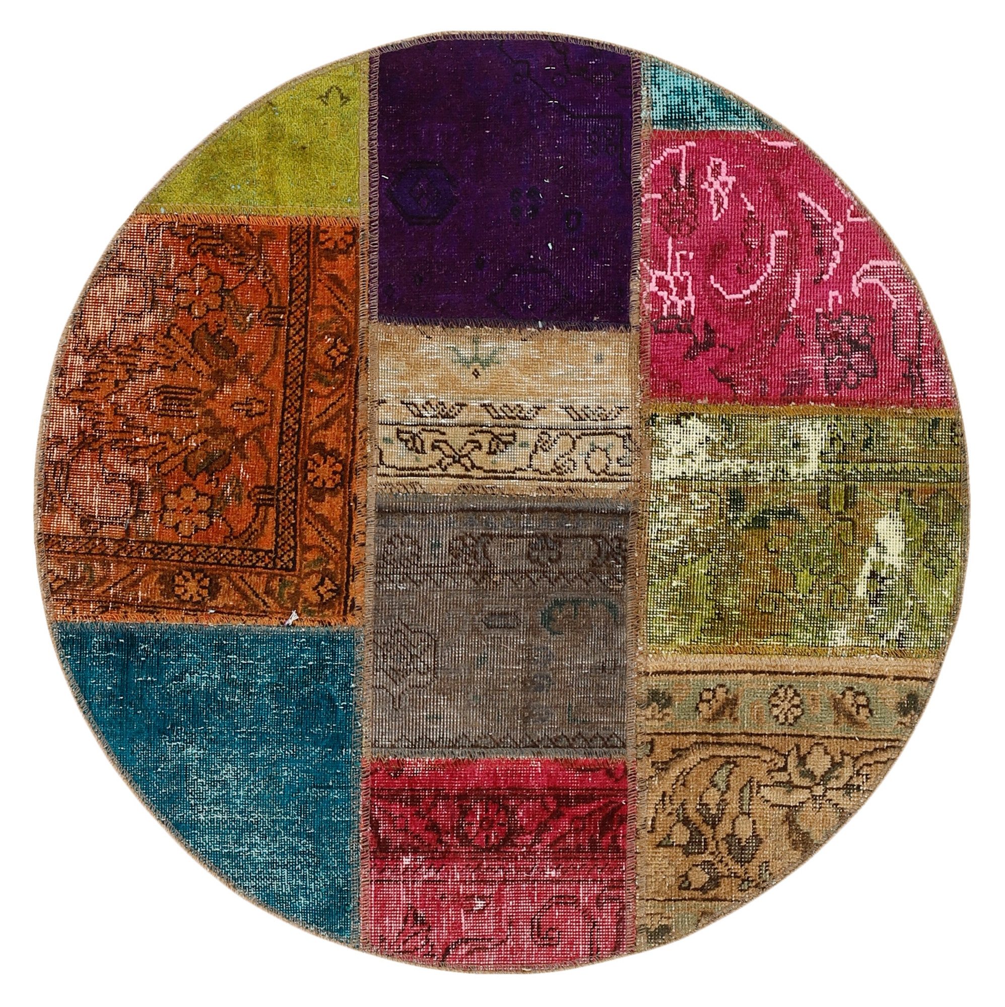 Wohnando Teppich MY-RUG Vintage Patch Work Floral & Ornamentiert 100x100cm, Rund, Höhe: 10 mm, Handgeknüpfter Teppich,Handgesponnene Wolle, mit Naturfarben gegärbt