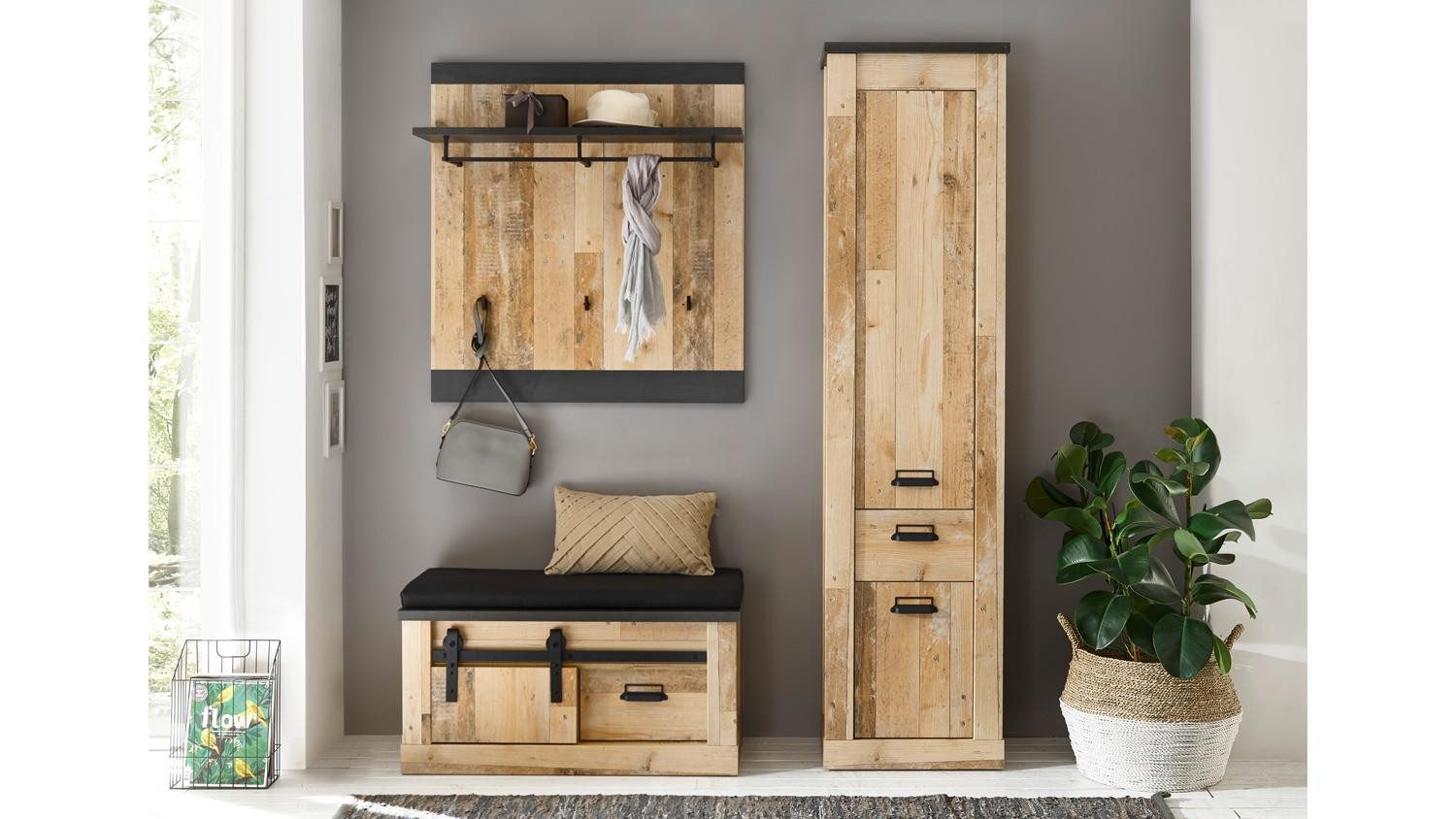 Möbel Akut Garderoben-Set Garderobe Sherwood G2 Old Style anthrazit mit Sitzkissen, (3-St)