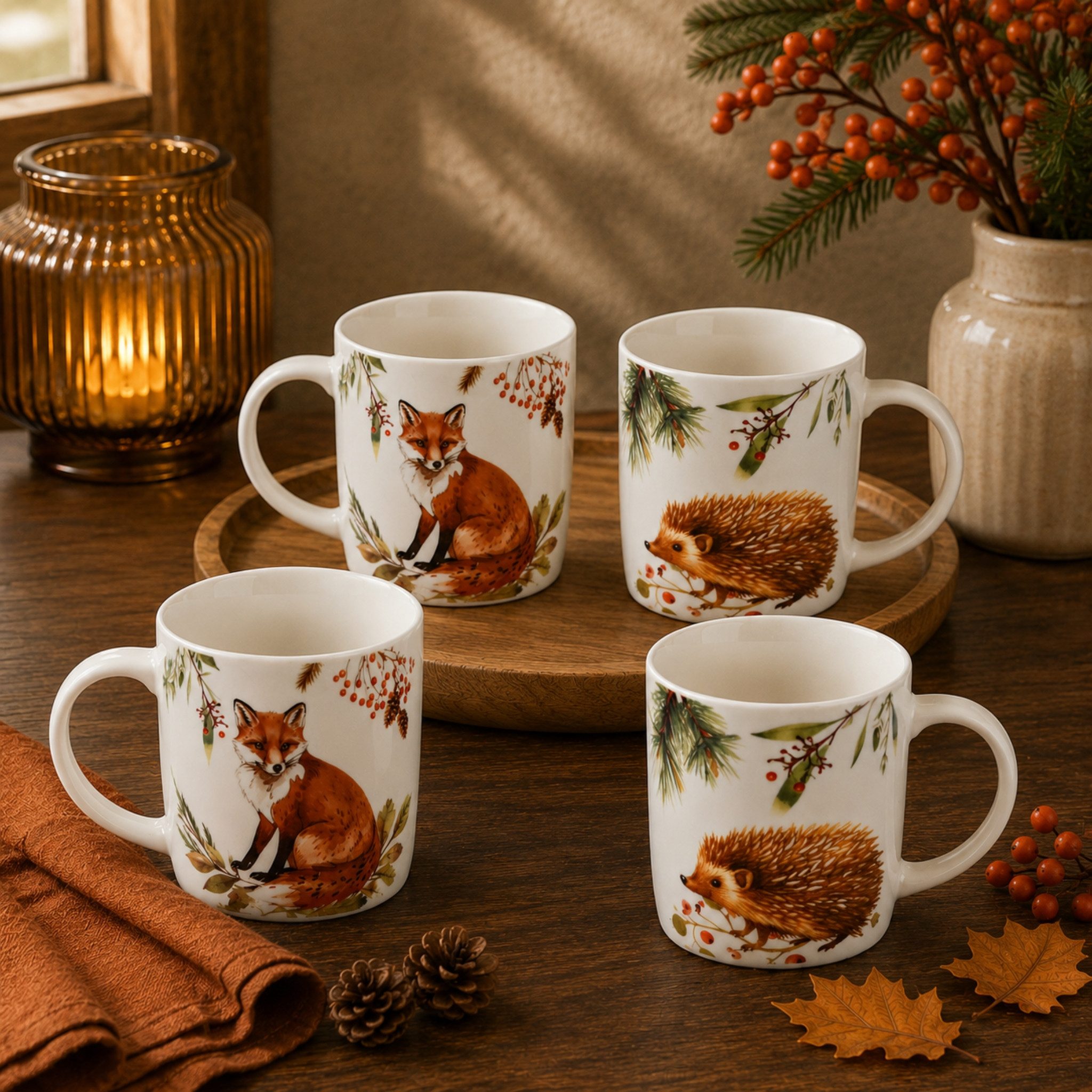 matches21 HOME & HOBBY Tasse Herbst Tassen 4er Set Fuchs & Igel, 350 ml Kaffeetasse aus Porzellan, 4-tlg., Porzellan, Spülmaschinenfeste & Mikrowellengeeignete Teetasse