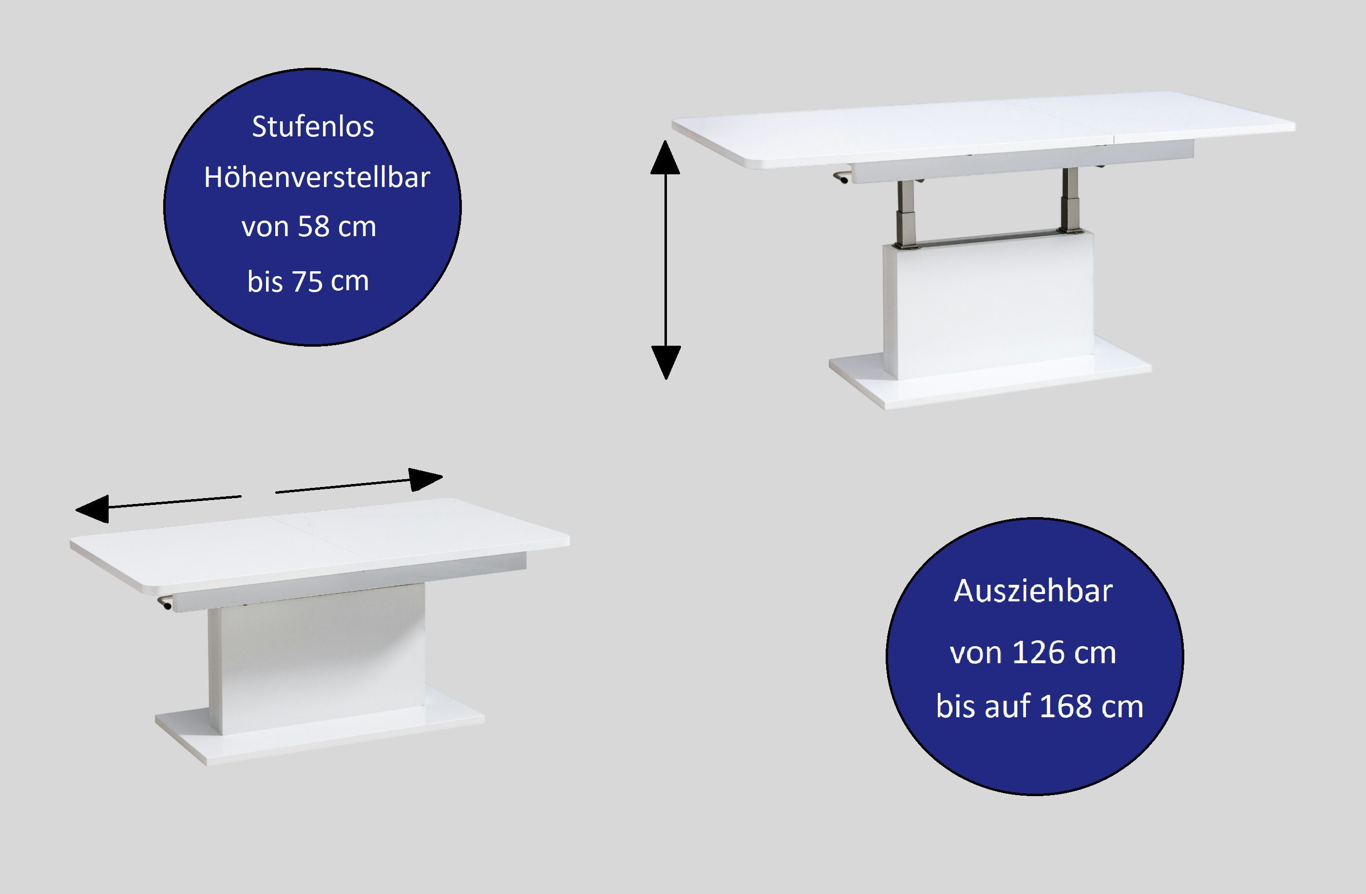 designimpex Couchtisch DC-1 Anthrazit / Grau matt stufenlos höhenverstellbar ausziehbar, Funktionstisch, Wohnzimmertisch, Tisch, Esstisch, Sofatisch