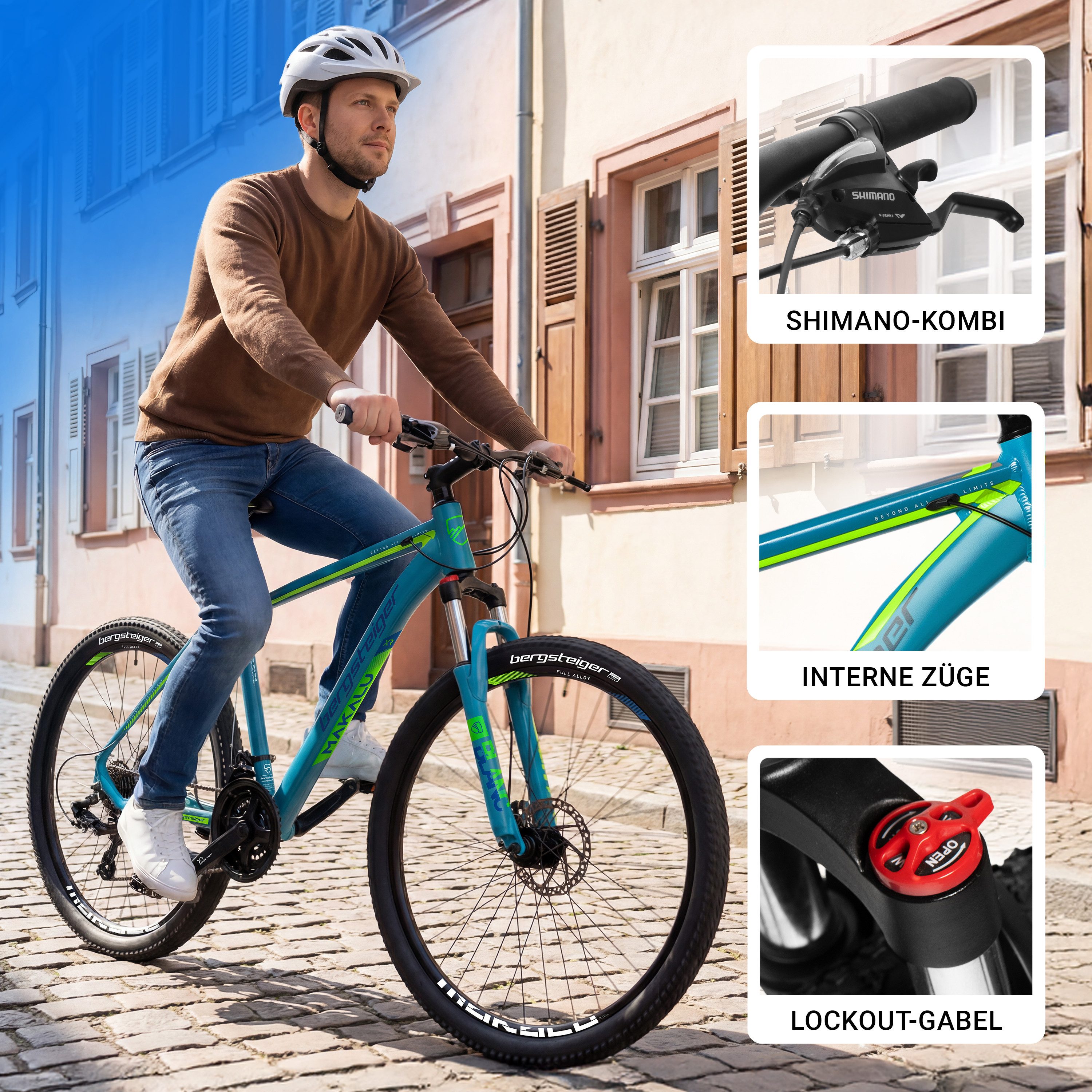 bergsteiger Mountainbike Makalu 26, 29 Zoll Mountainbike Alu, geeignet ab 150 cm, Damen, Herren, 21 Gang Shimano Tourney RD-TY300 Schaltwerk, Kettenschaltung, Scheibenbremsen