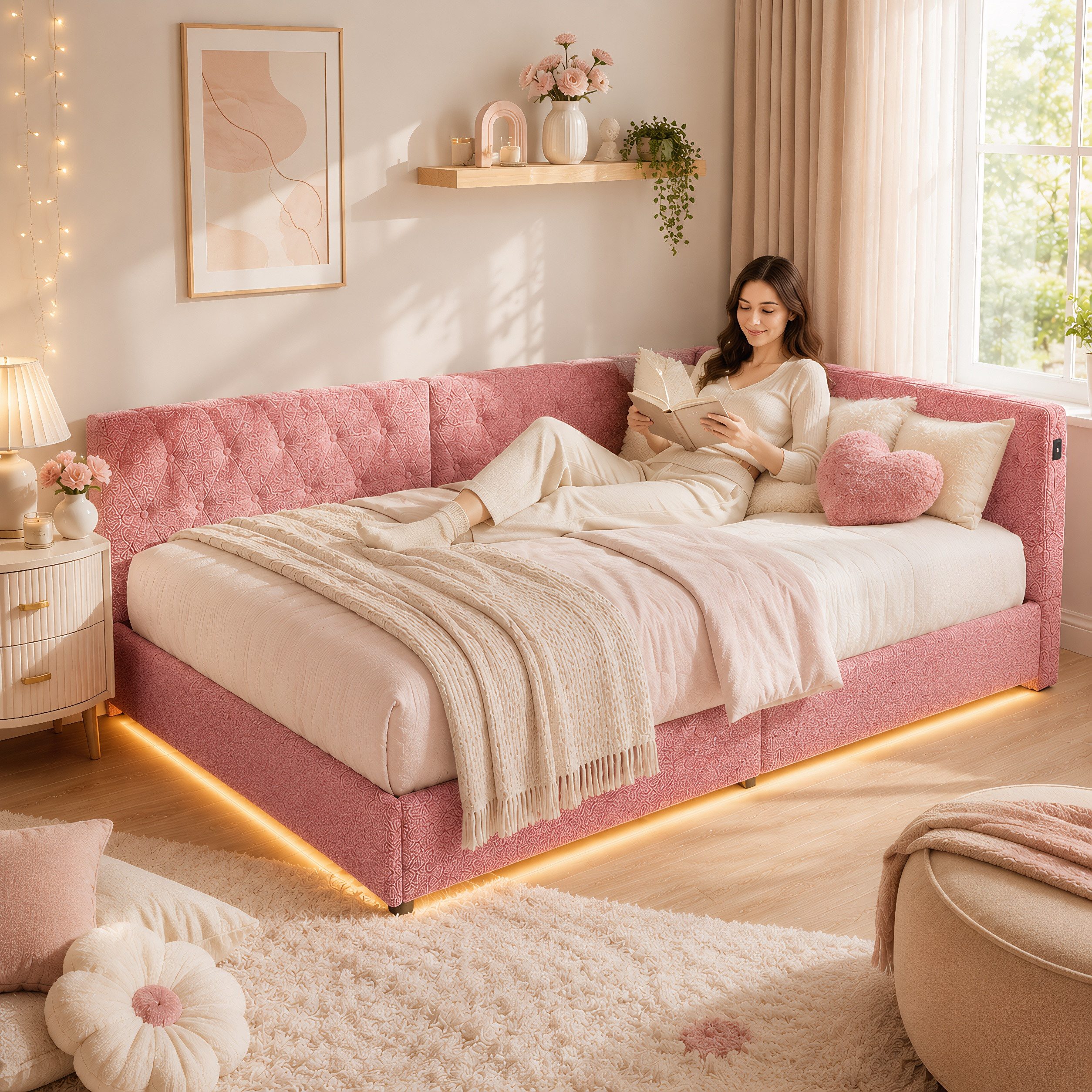Simurq Polsterbett Daybett mit LED-Beleuchtung & USB, Tagesbett Jugendbett (Packung, 1-tlg., Teddysamt, in 2 Größen verfügbar), Schlafsofa Sofabett Doppelbett – Bild 2 von 5
