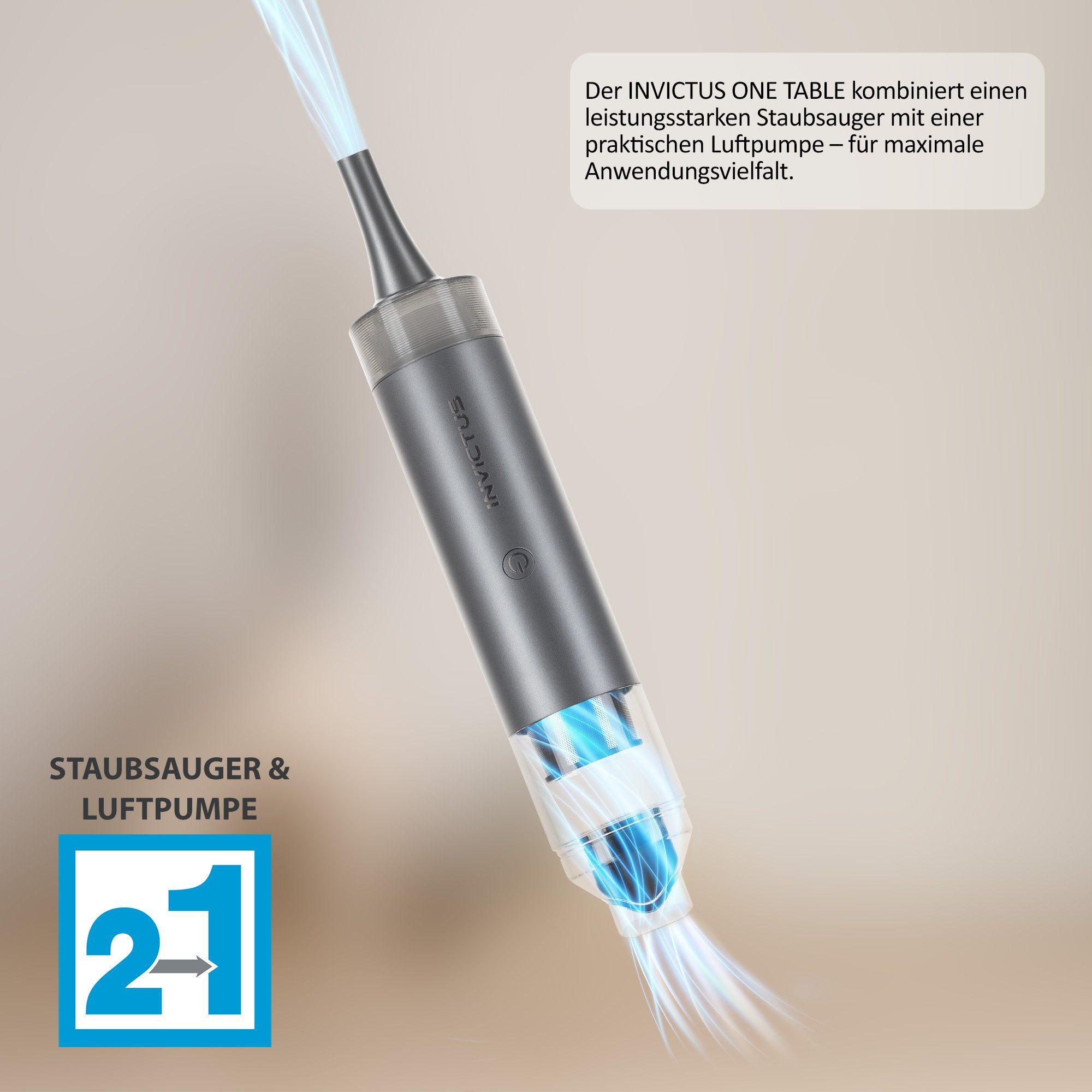 Genius Akku-Handstaubsauger INVICTUS ONE TABLE Handstaubsauger Auto, Set 7-tlg., 85,00 W, beutellos, 2in1 Staubsauger & Luftpumpe, perfekt für Ausflüge, leicht und kompakt