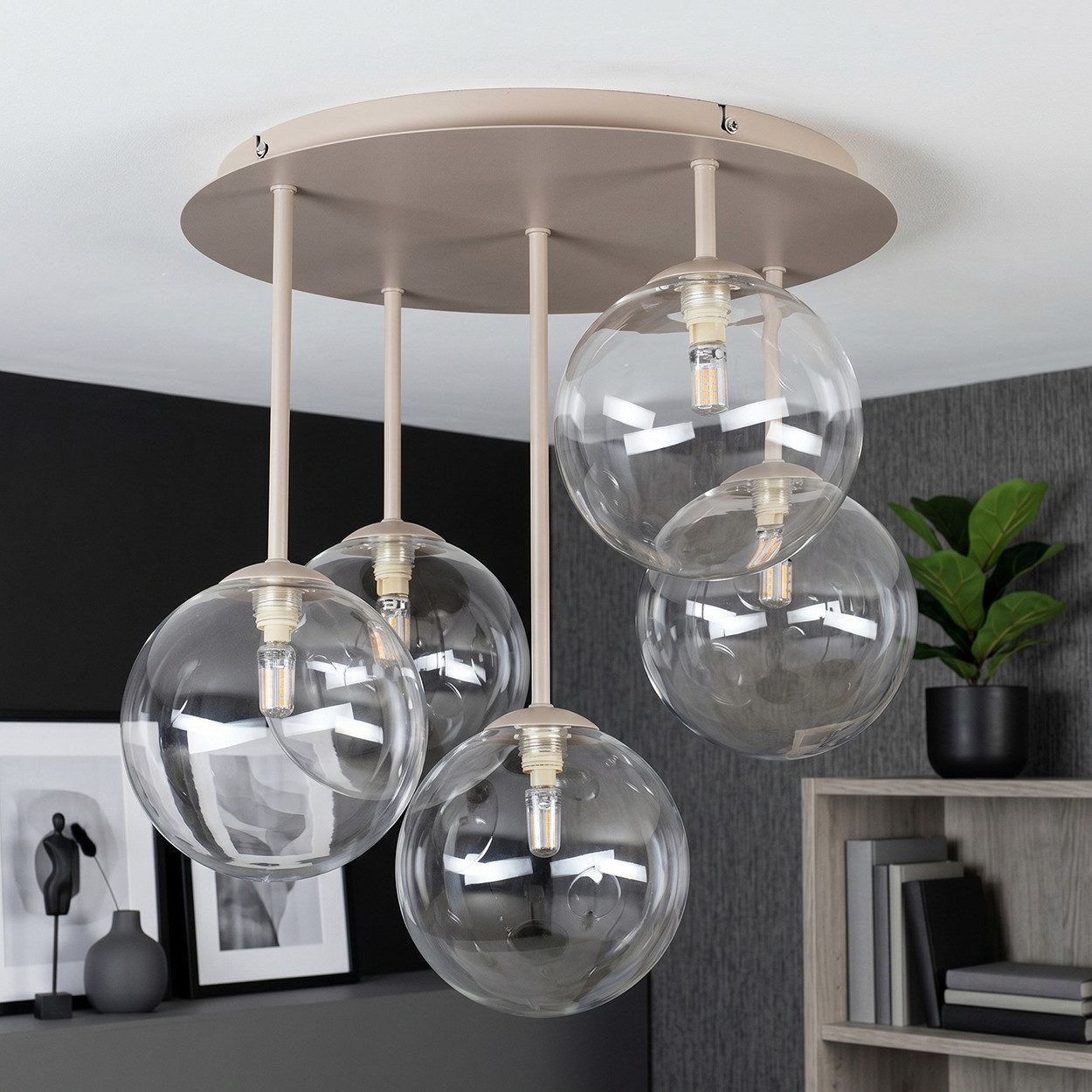hofstein Deckenleuchte Deckenlampe aus Metall/Glas in Sandfarben/Weiß/Klar, moderne Deckenleuchte im Retro/Vintage-Design, 5 x G9