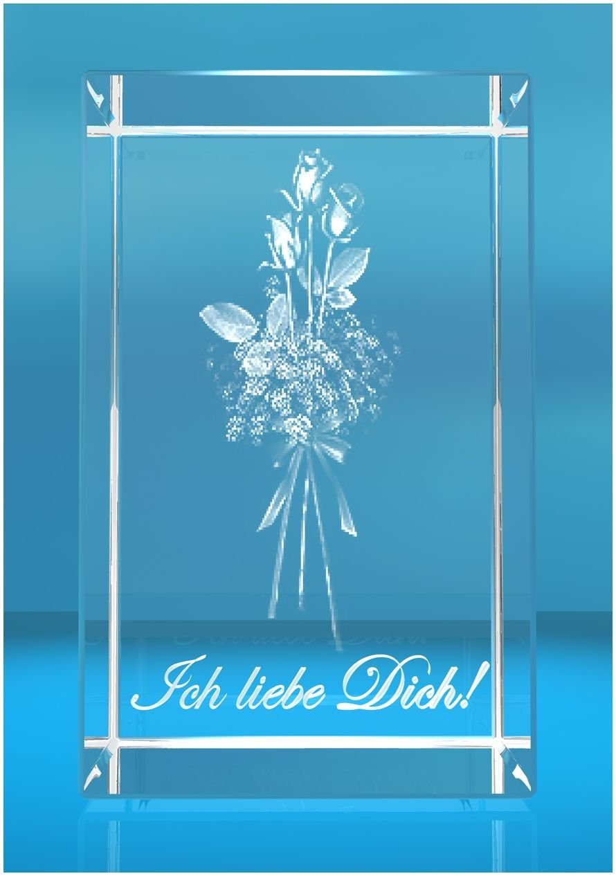 Dekofigur 3D Glasquader I Rosenstrauss I Text: Ich liebe dich!, Hochwertige Geschenkbox, Made in Germany, Familienbetrieb
