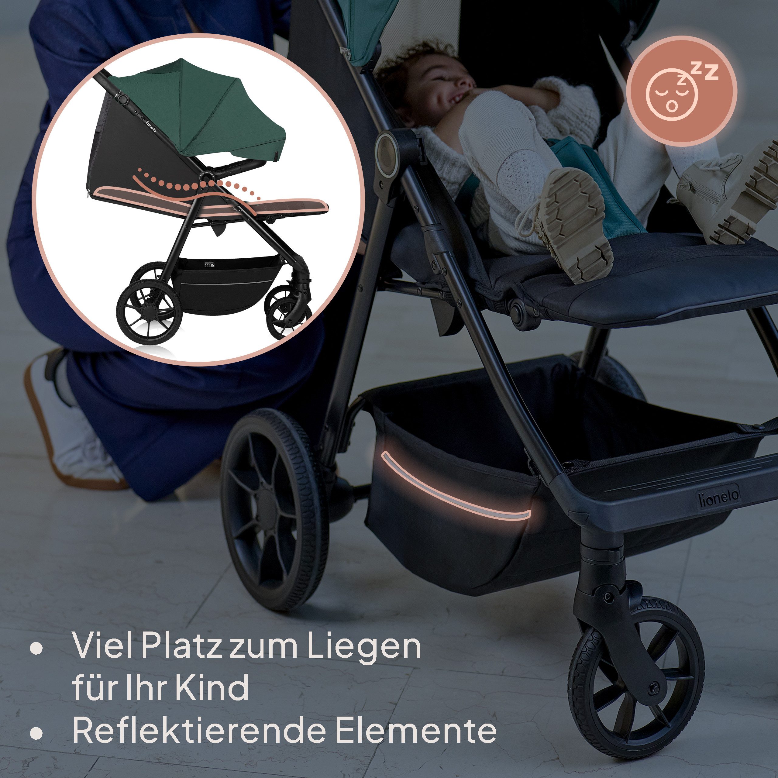 lionelo Kinder-Buggy MIRA, (Set mit Getränkehalter und Moskitonetz), XXL-Verdeck/UPF50+/92 cm Liegefläche/großer Korb/PU-Räder