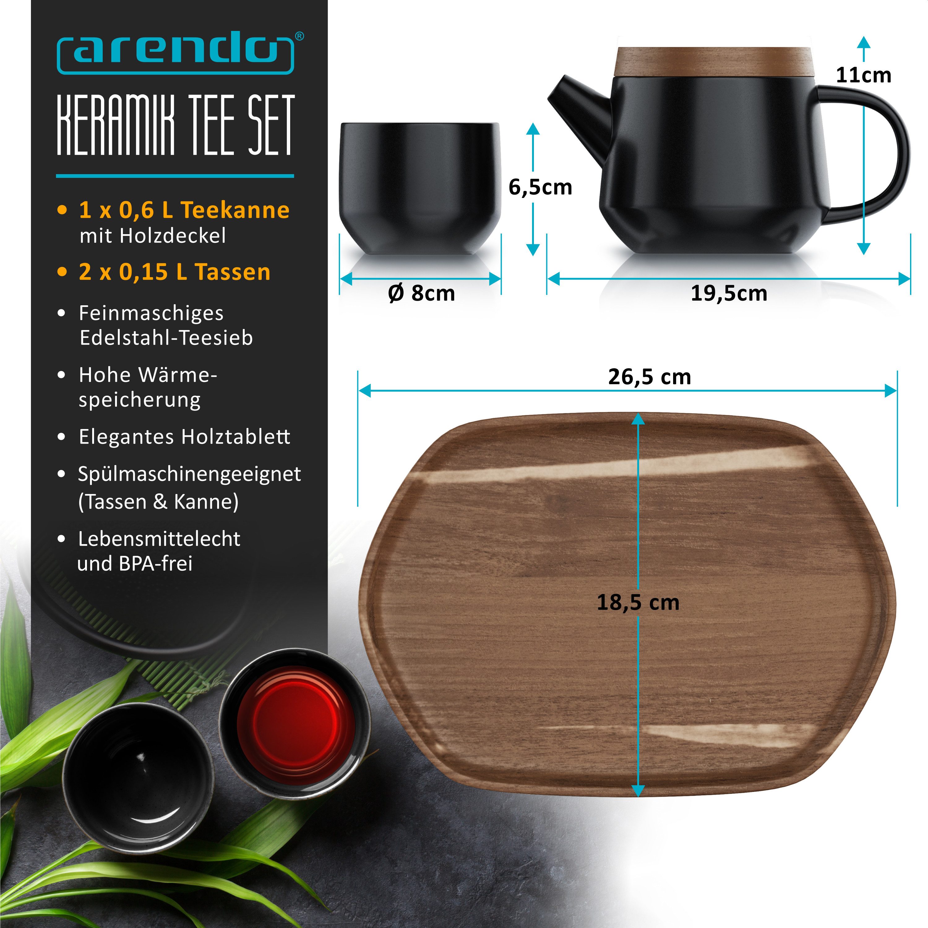 Arendo Teeservice Keramik Teekannen Set 0,6 L, modernes japanisches Design mit Teesieb (5-tlg), 2 Personen, Porzellan / Keramik, Porzellan, Teekanne mit Deckel  – Bild 2 von 5