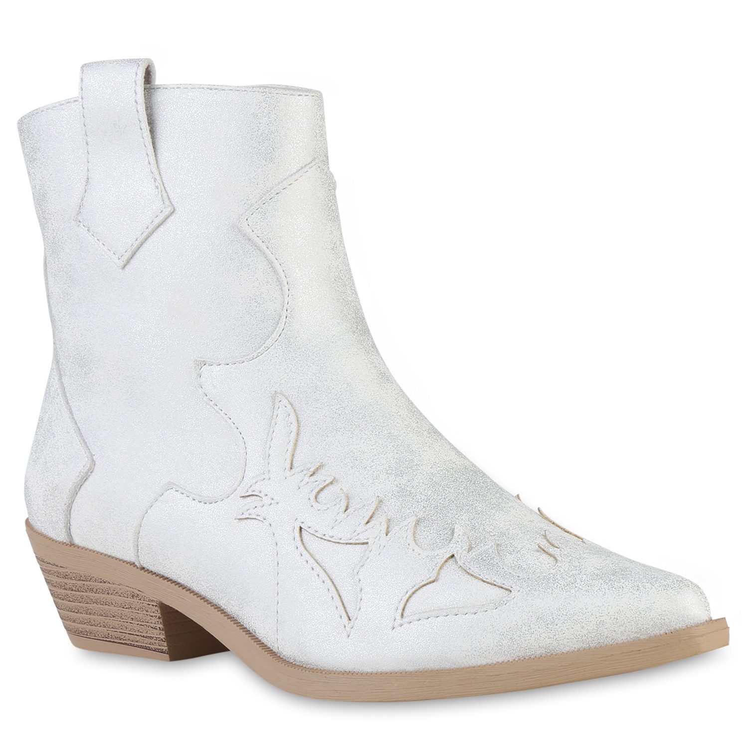 VAN HILL 21603437 SL DES668-1 Damen Stiefeletten L-Silver PU 37 Cowboy Boots Damen Cowboy Boots Stiefeletten Spitze Holzoptikabsatz