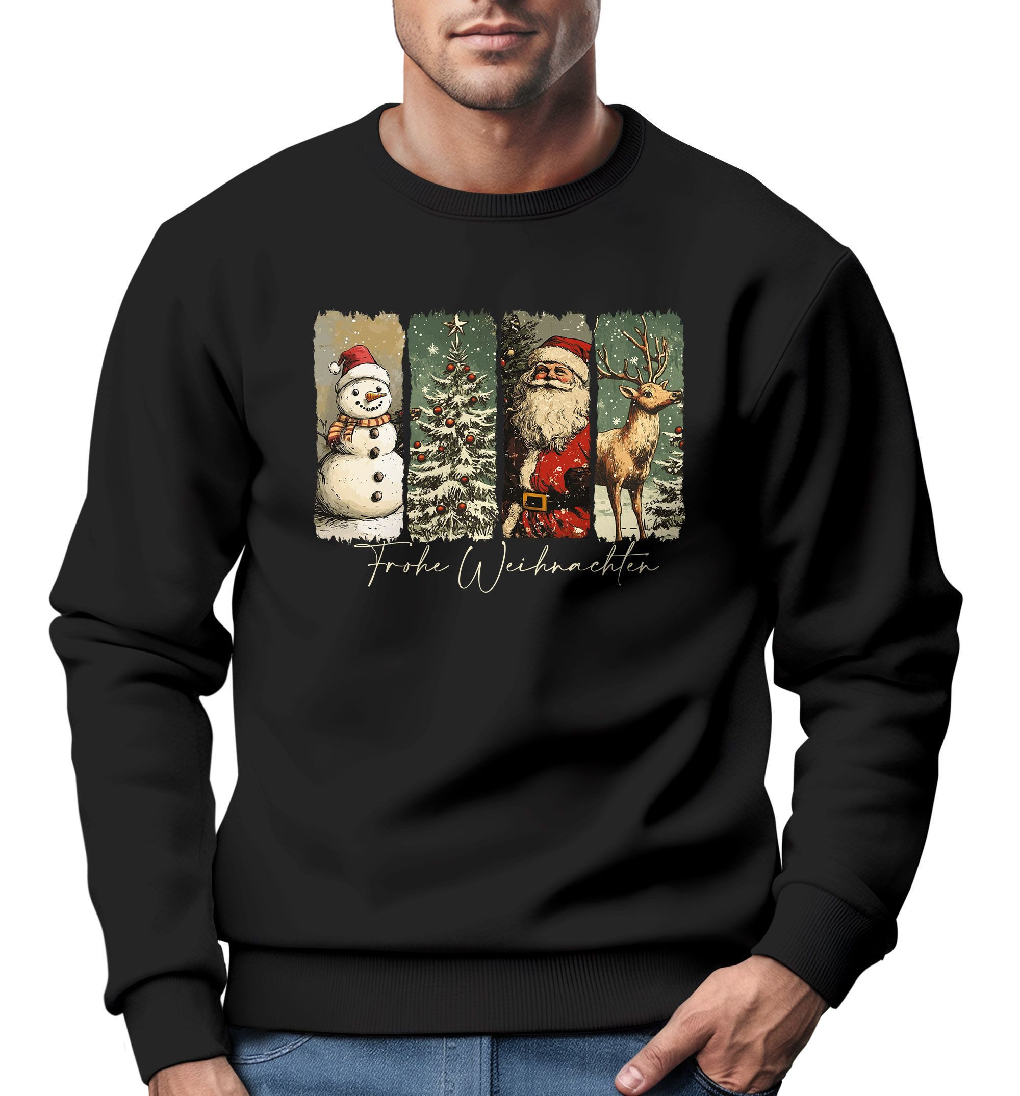 Sweatshirt Sweatshirt Herren Weihnachten Retro Design mit Schneemann Tannenbaum
