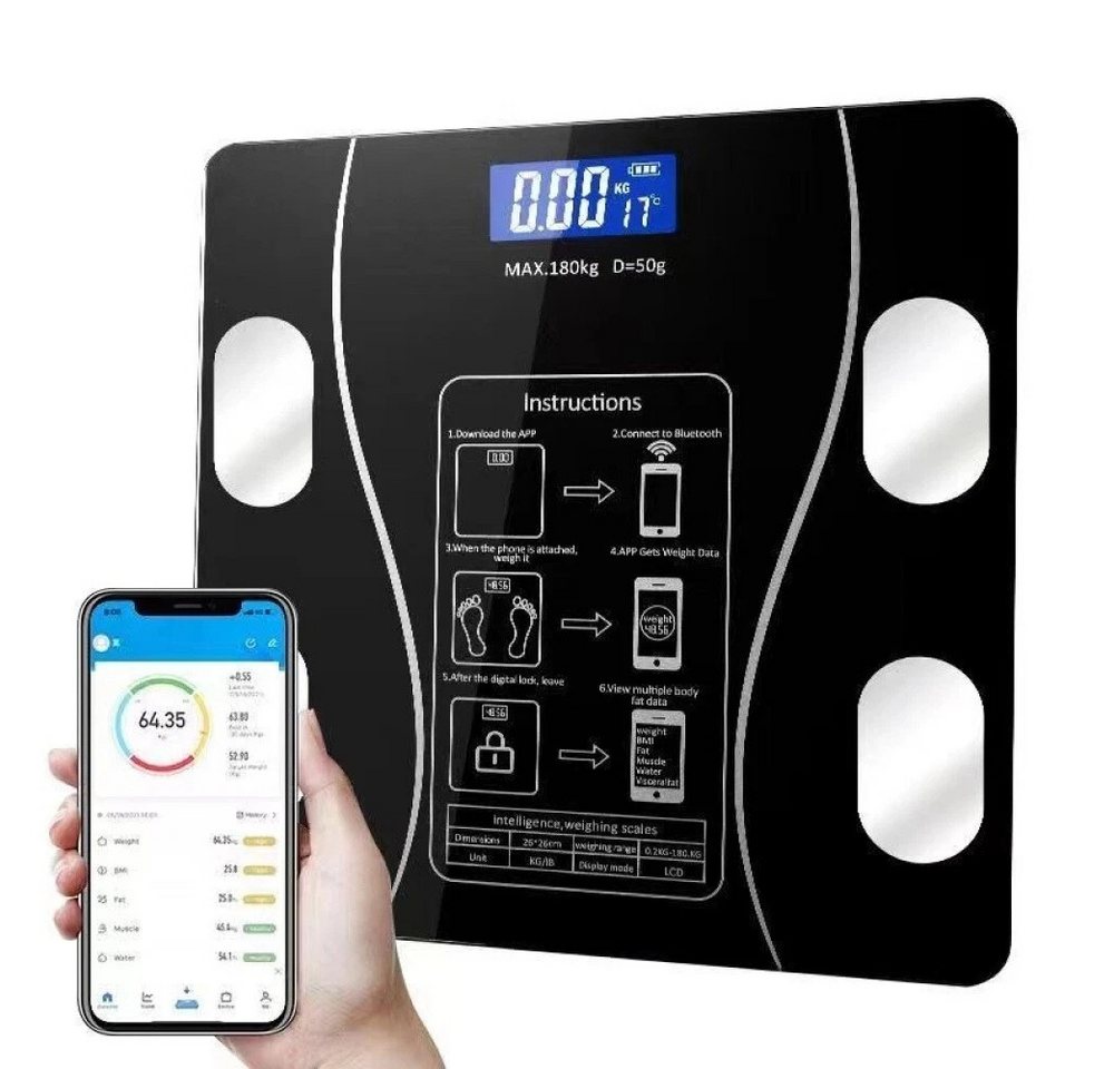 wohnTRAUM24 Körper-Analyse-Waage Körperfettwaage Digitale Personenwaage mit App-Funktion 180 kg/400 lbs, Multifunktionswaage, BMI, Körperfett, Wasser & Muskelanteil