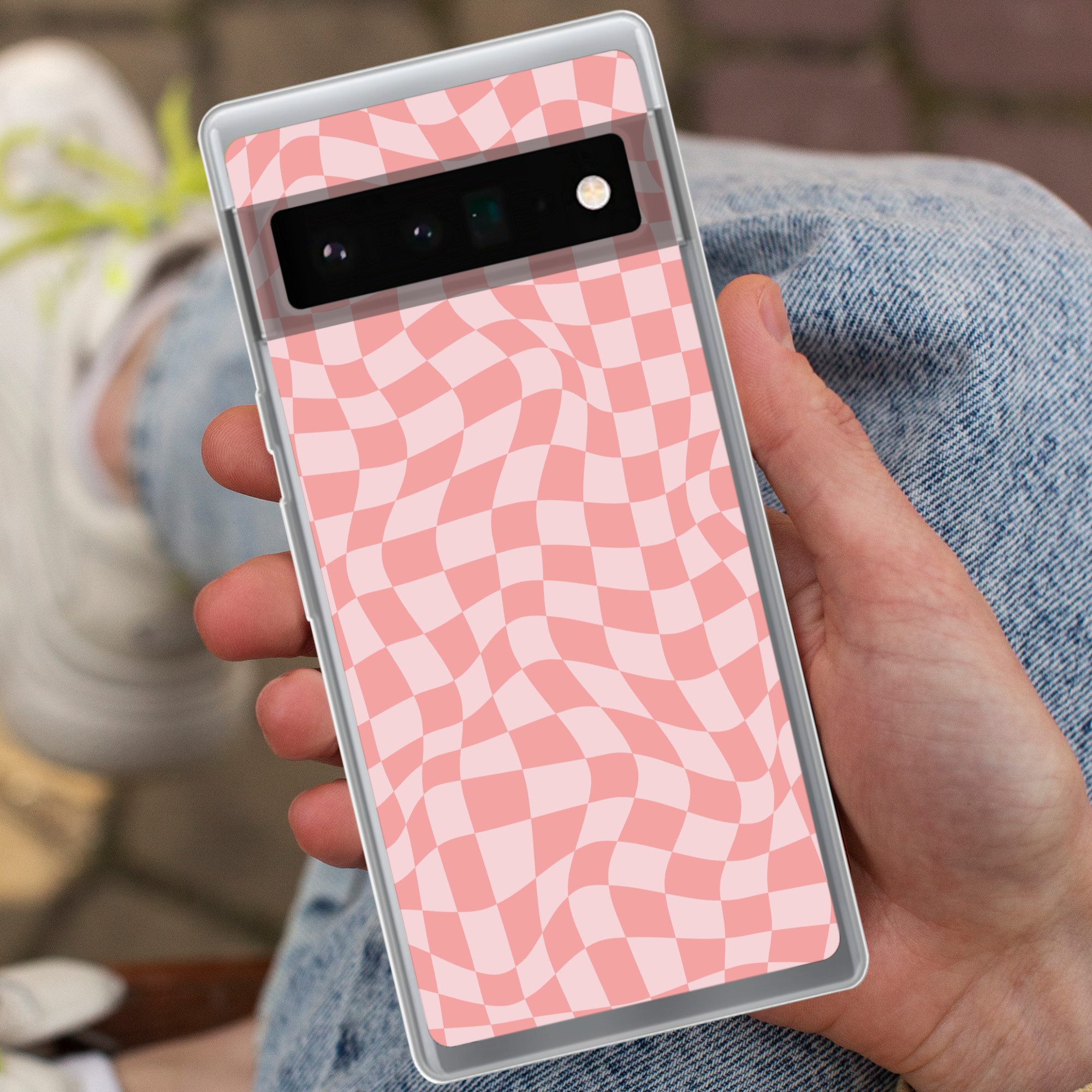 MuchoWow Handyhülle für Google Pixel 6 Pro Quadratisches Muster - Rosa - Wellenlinien, Handy Case, Silikon, Bumper Case Dünn