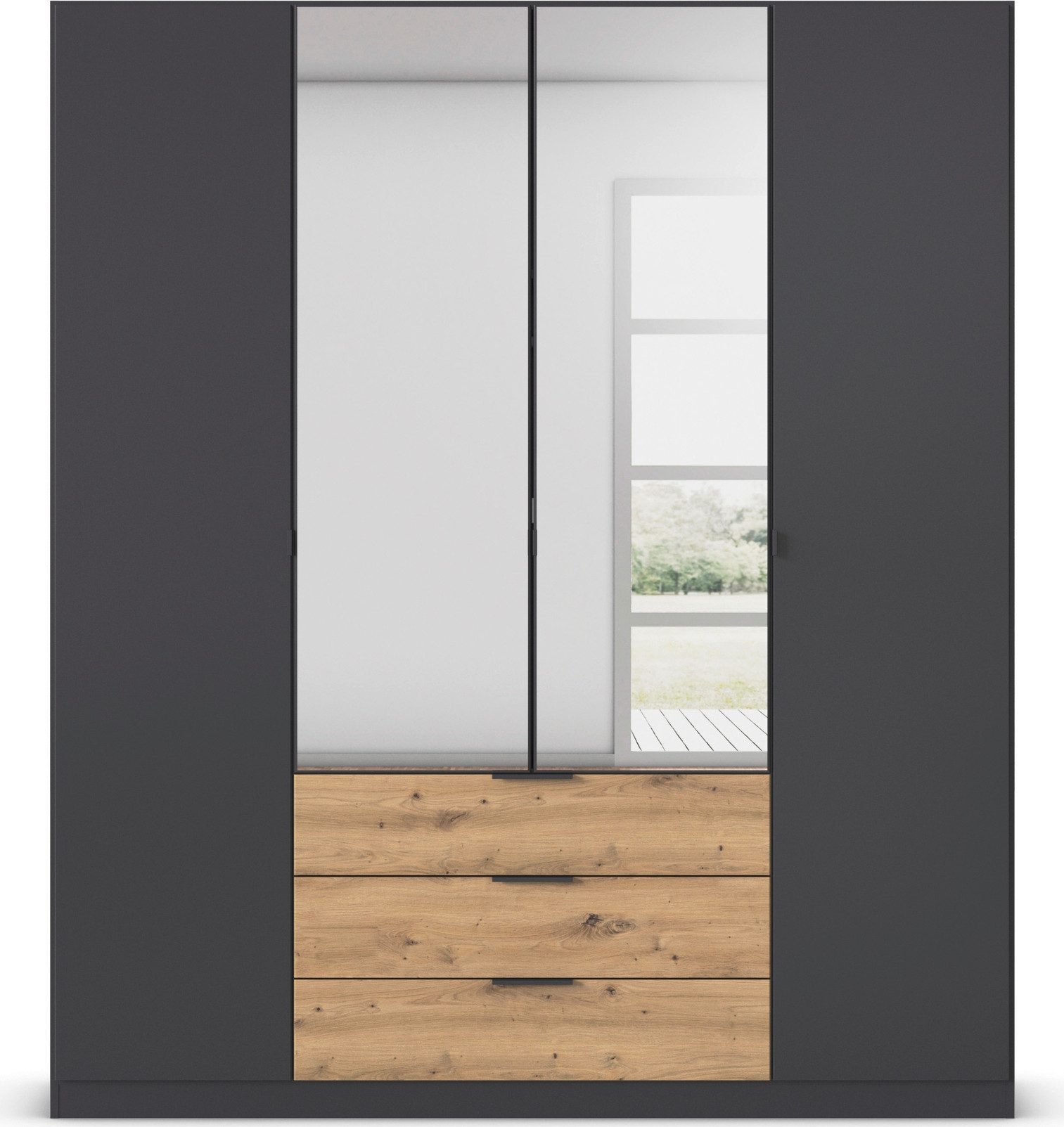 rauch Drehtürenschrank Kleiderschrank Schrank Garderobe Schlafzimmerschrank DAVOA mit farblich abgesetzten Schubkästen in Eiche Artisan MADE IN GERMANY