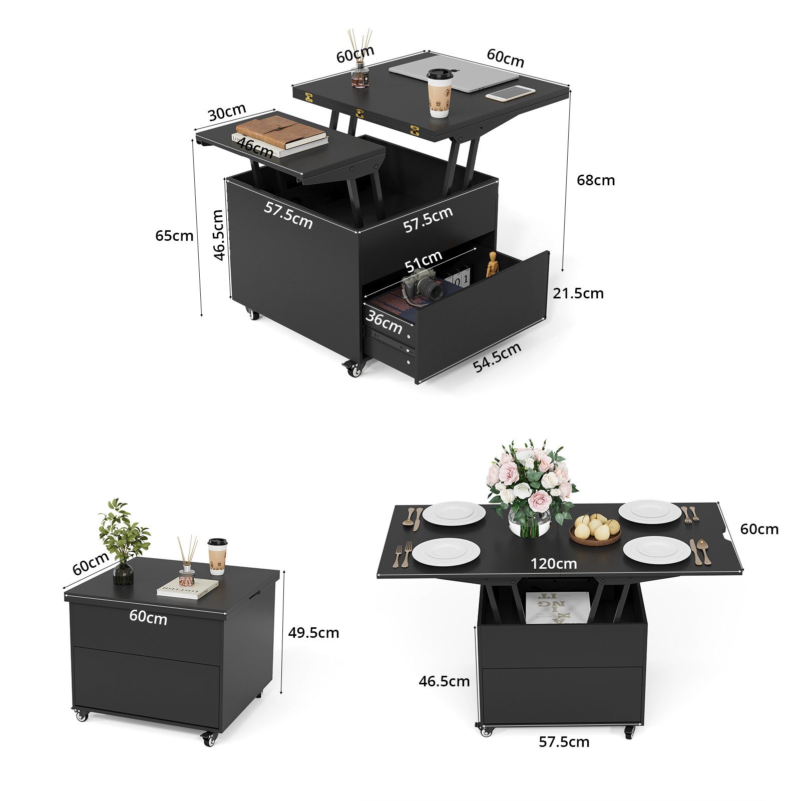 VOWNER Couchtisch Höhenverstellbar, 3-in-1-Multifunktions Wohnzimmer-Esstis günstig online kaufen